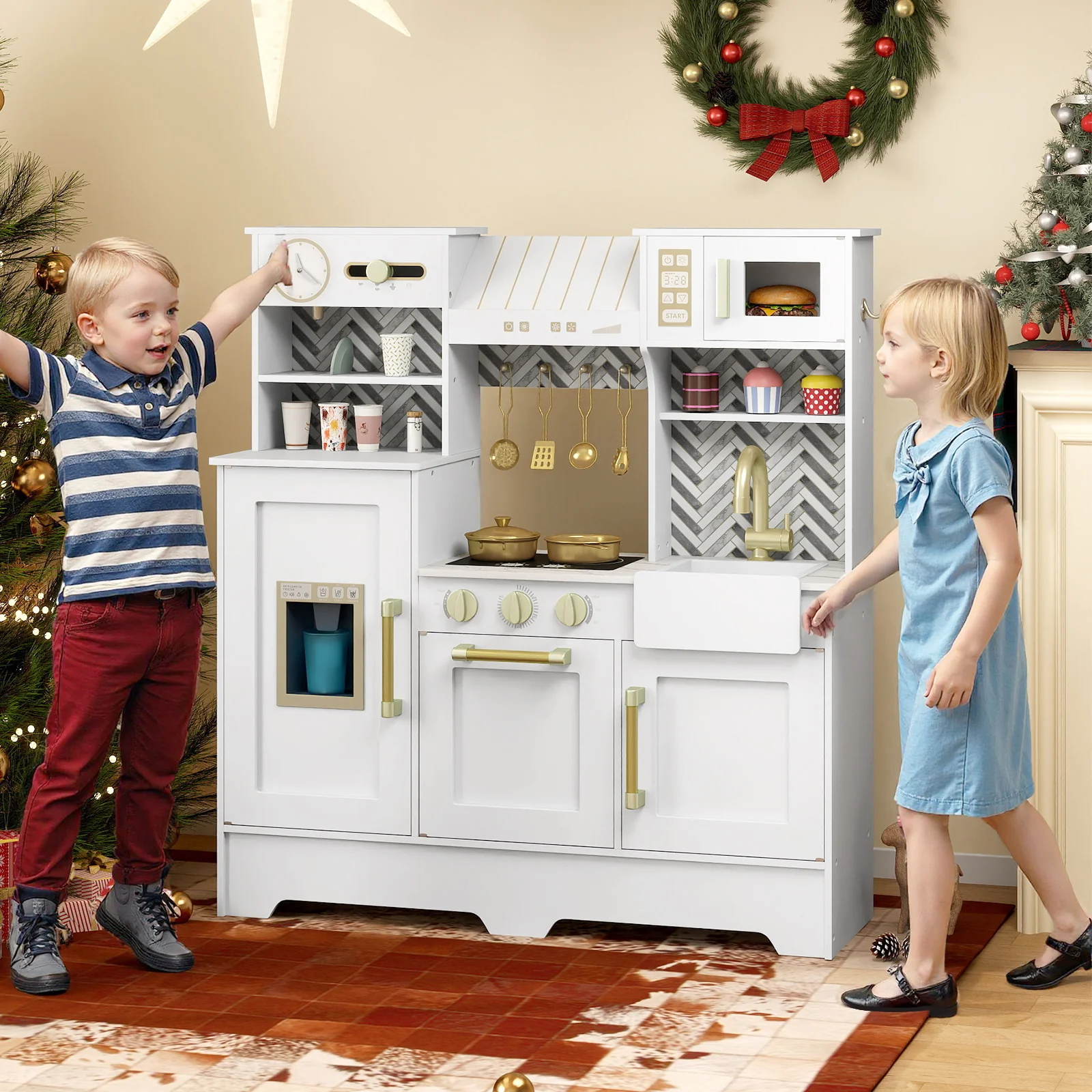 Kids Play Kitchen with Stoves and Faucet for Girls Boys Aged 3-6