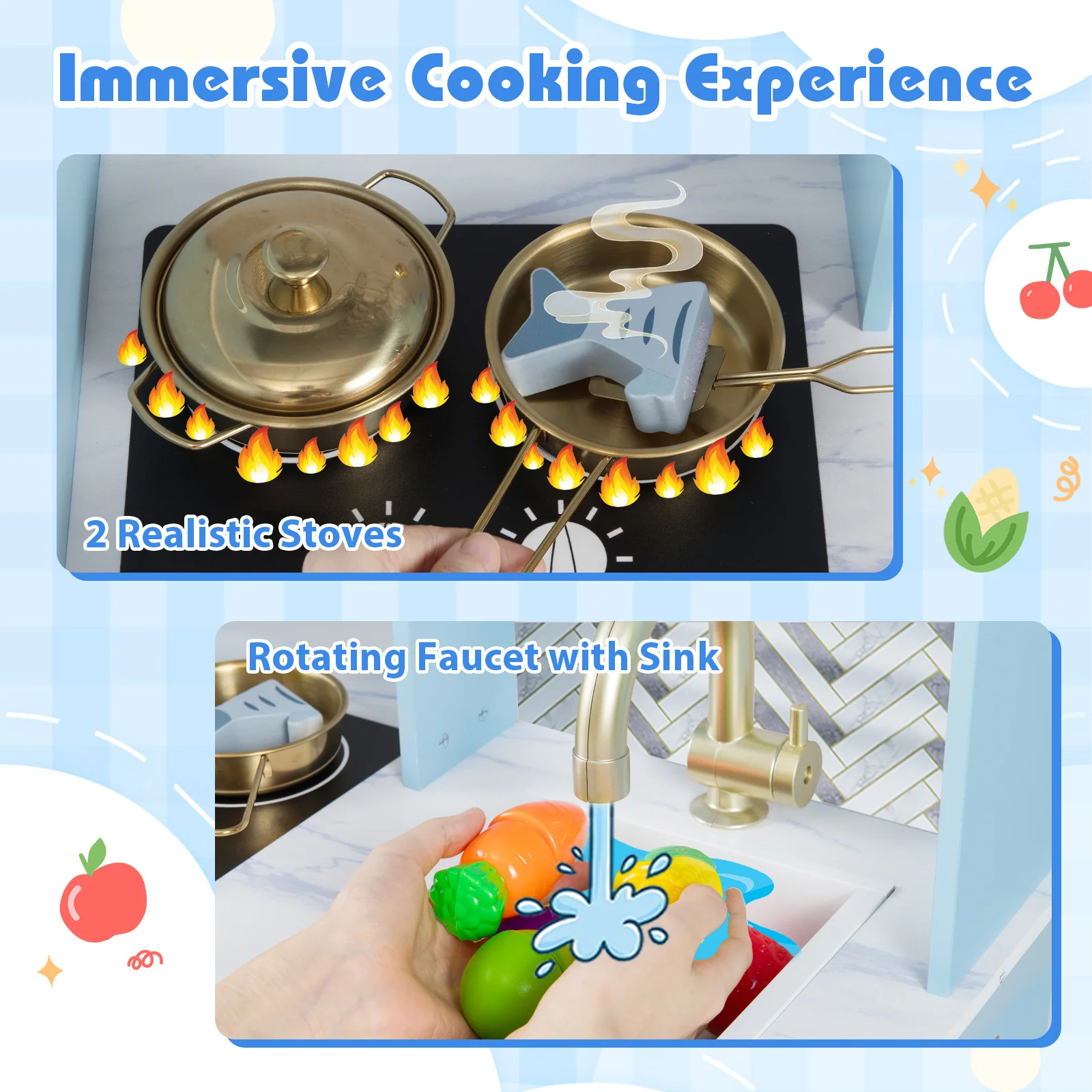 Kids Play Kitchen with Stoves and Faucet for Girls Boys Aged 3-6 - Image 13