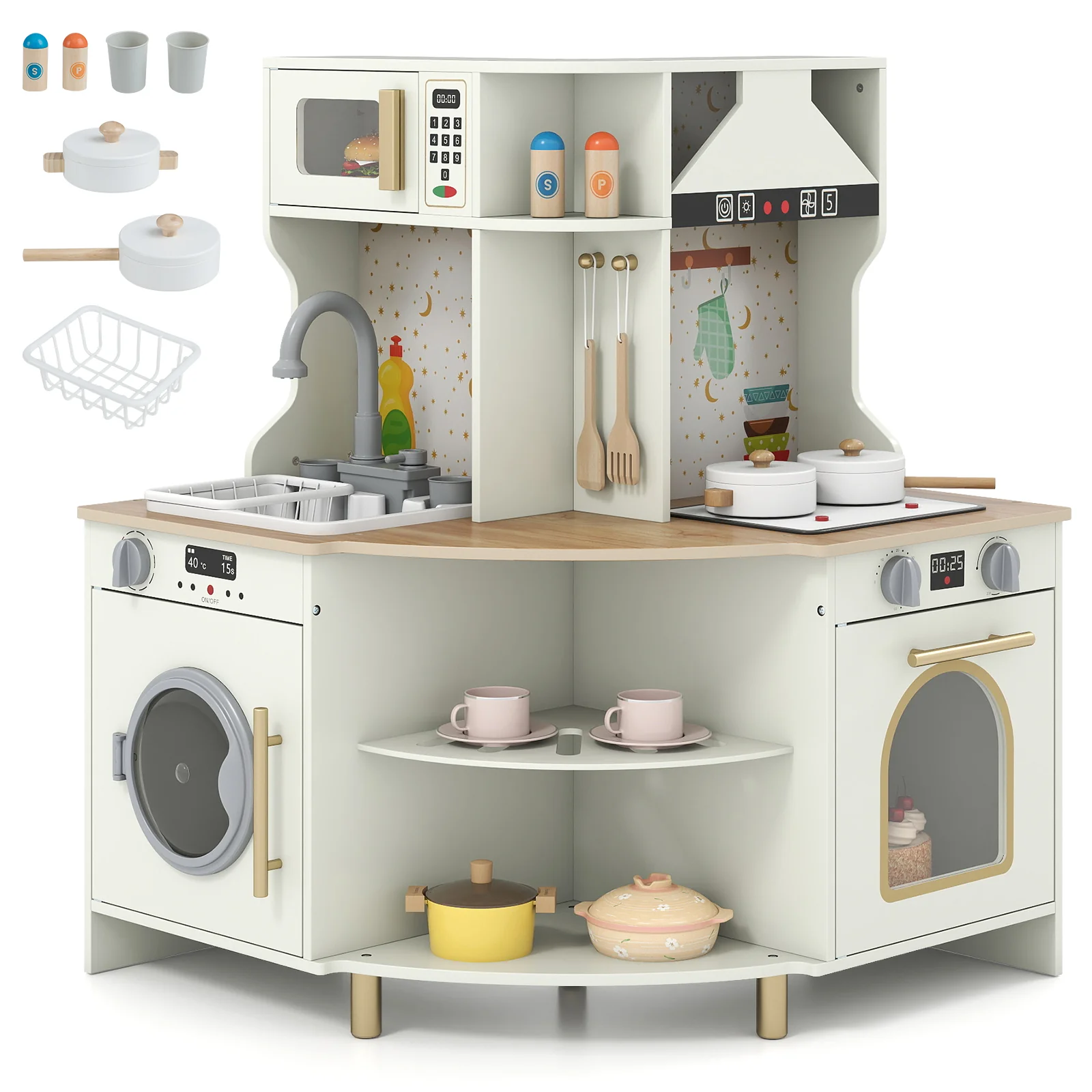 Kids Play Kitchen Wooden Corner Kitchen Playset with Working Faucet and Sink-Beige - Image 2