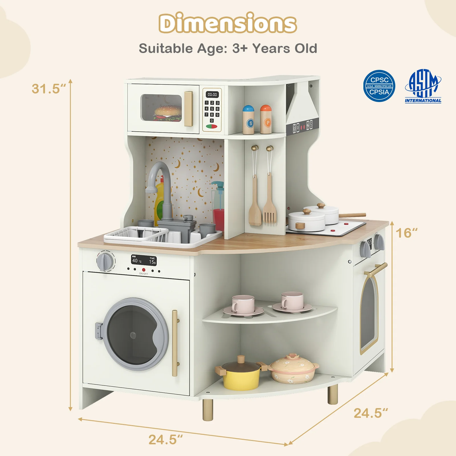 Kids Play Kitchen Wooden Corner Kitchen Playset with Working Faucet and Sink-Beige - Image 3