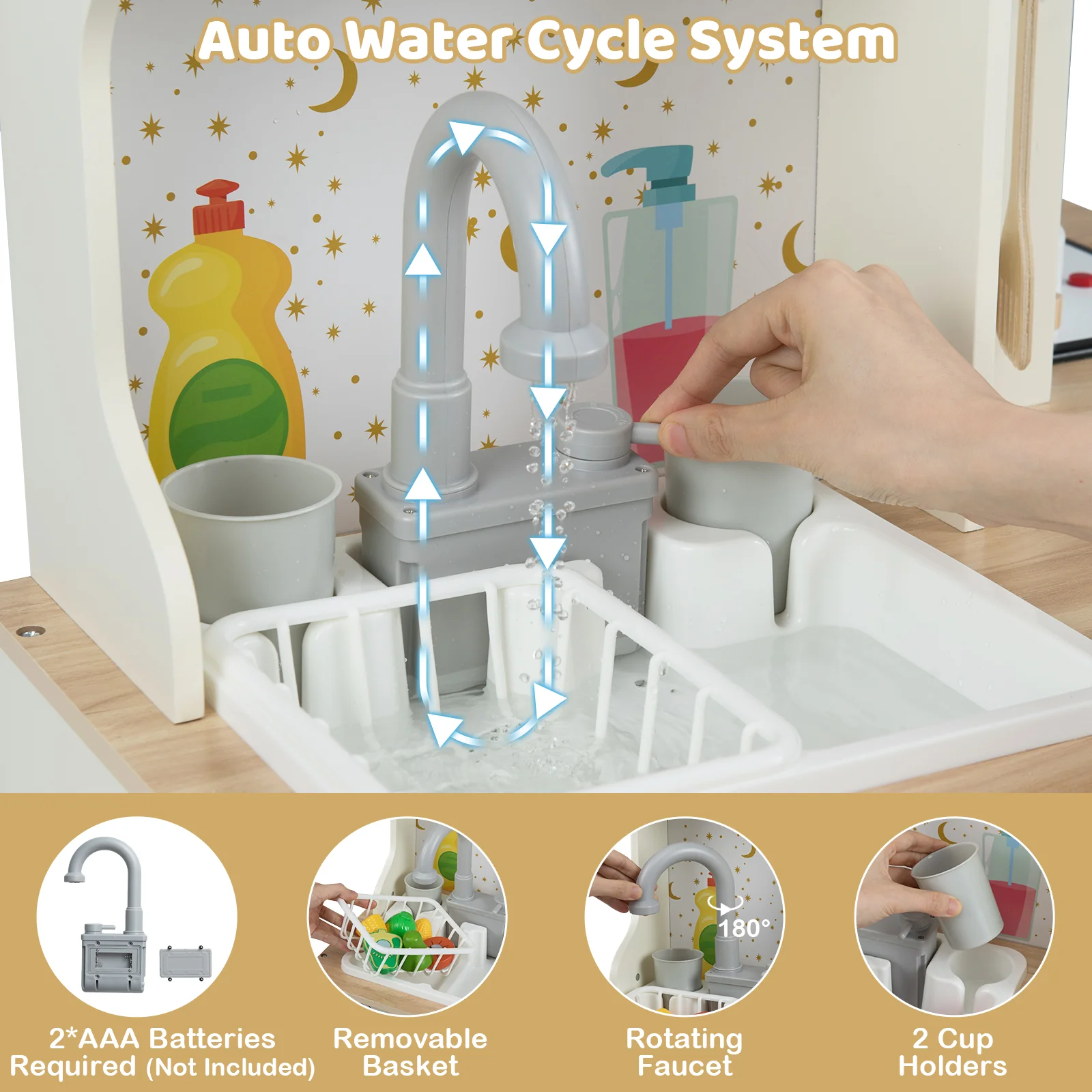 Kids Play Kitchen Wooden Corner Kitchen Playset with Working Faucet and Sink-Beige - Image 4