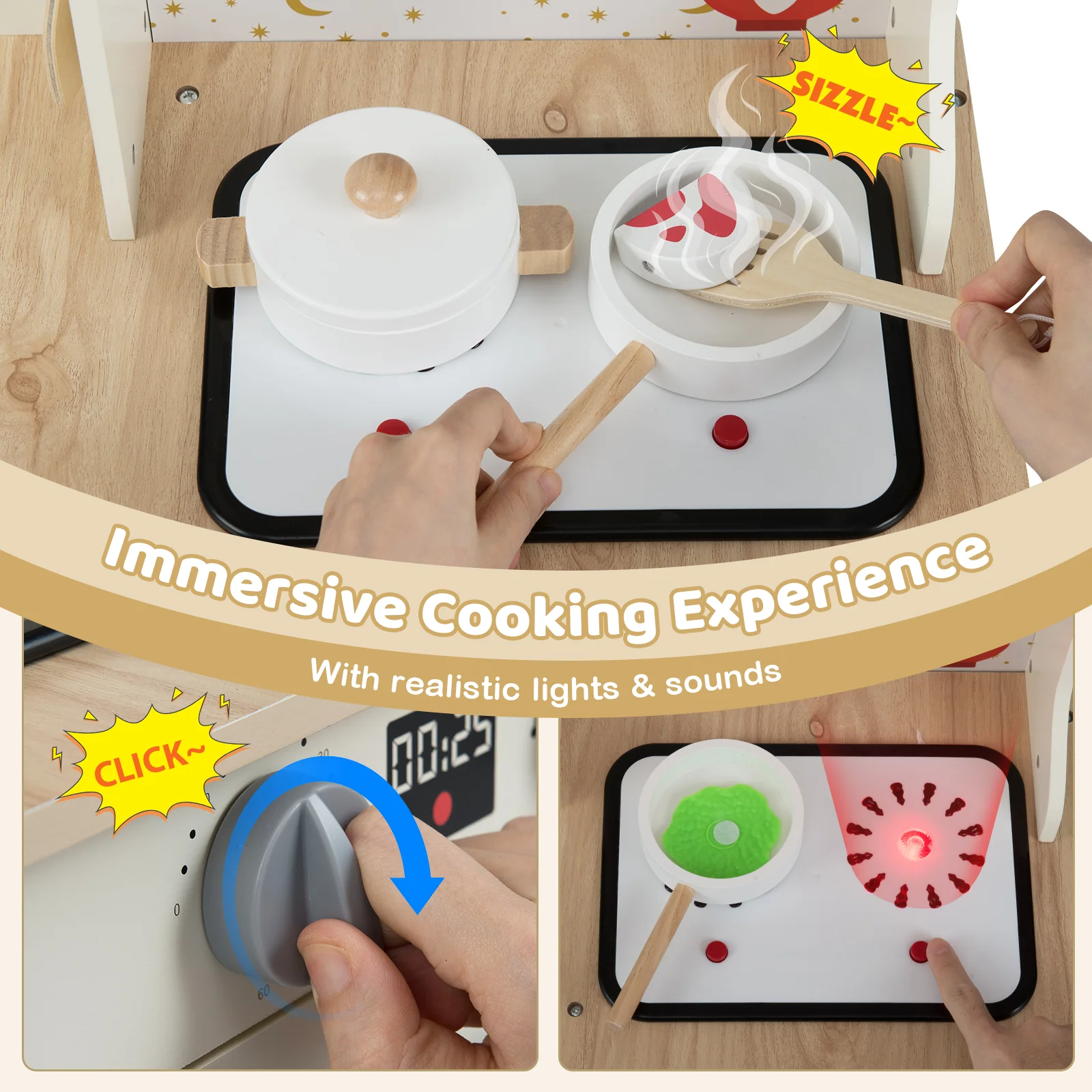 Kids Play Kitchen Wooden Corner Kitchen Playset with Working Faucet and Sink-Beige - Image 5