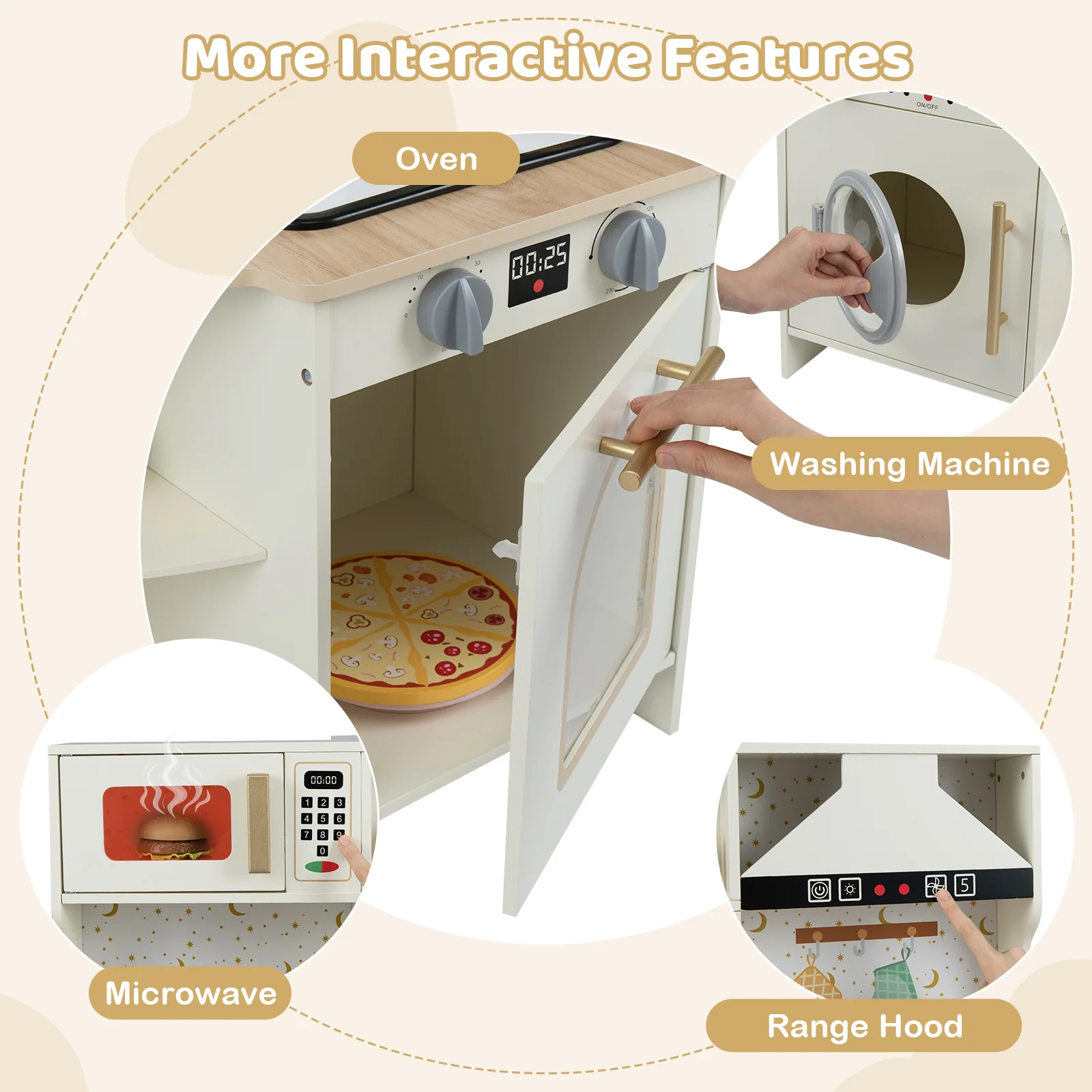 Kids Play Kitchen Wooden Corner Kitchen Playset with Working Faucet and Sink-Beige - Image 6