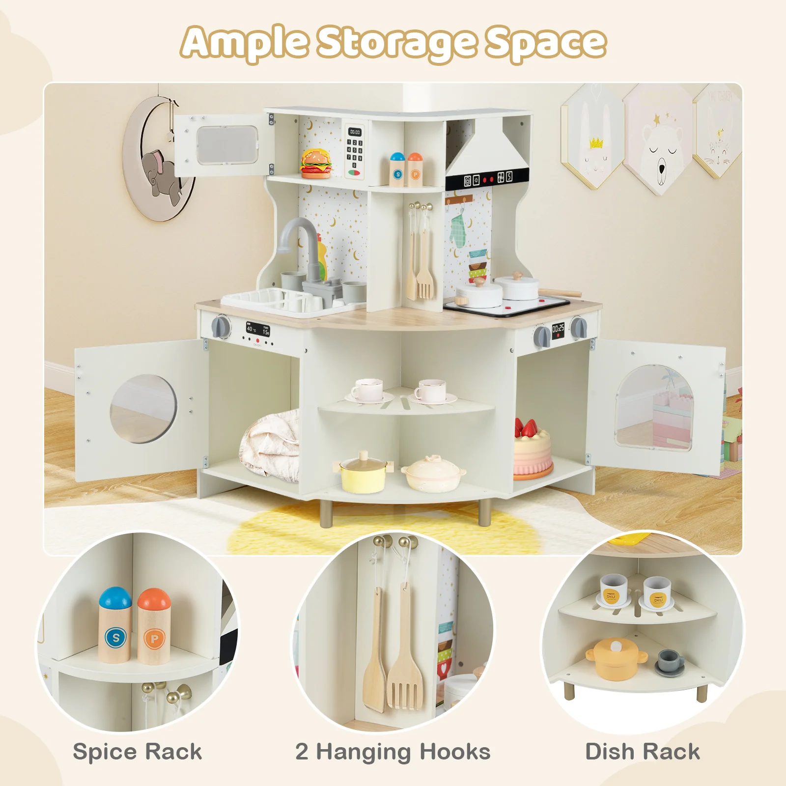 Kids Play Kitchen Wooden Corner Kitchen Playset with Working Faucet and Sink-Beige - Image 7
