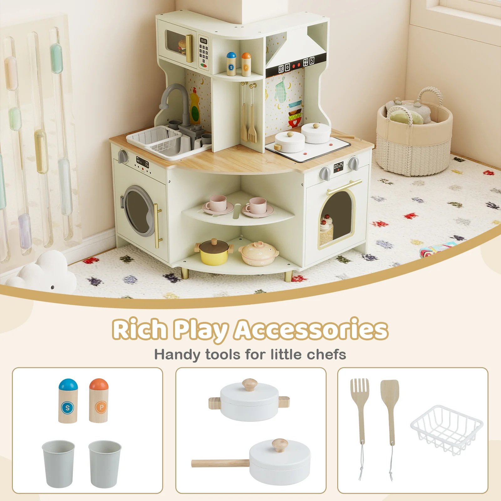 Kids Play Kitchen Wooden Corner Kitchen Playset with Working Faucet and Sink-Beige - Image 8