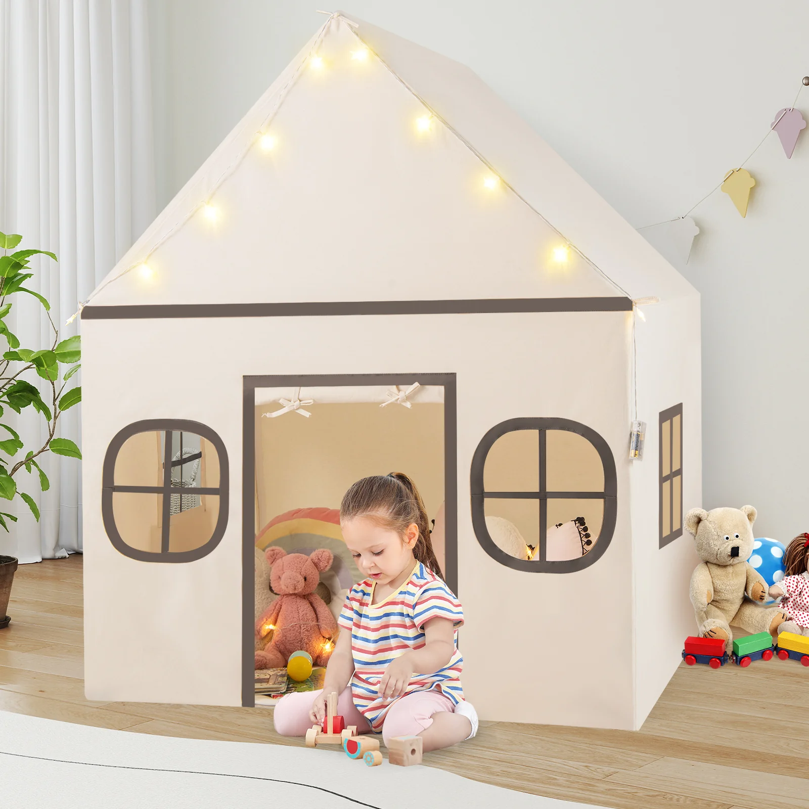 Kids Play Tent Large Playhouse with Door Curtain and Windows Star Lights - Image 10