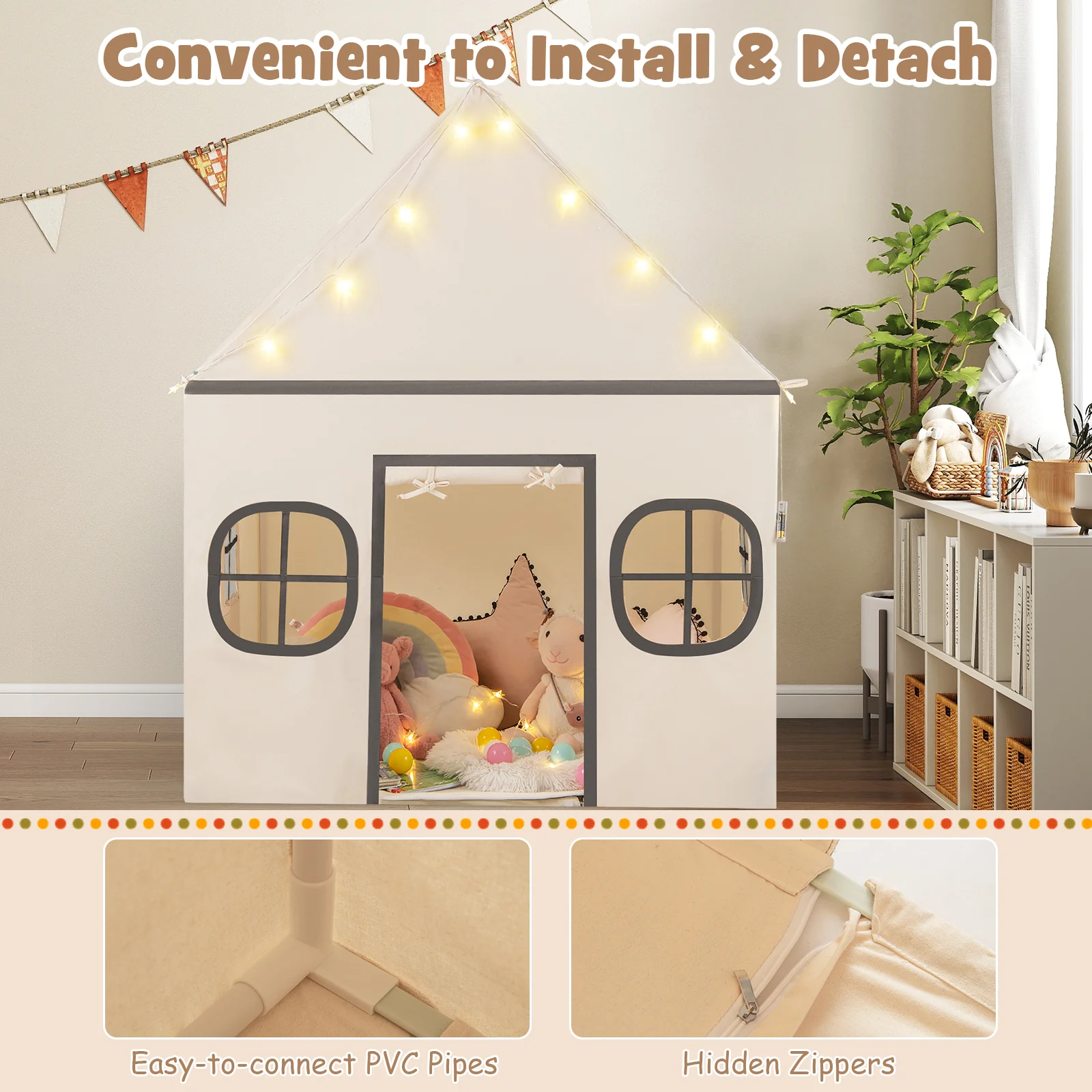 Kids Play Tent Large Playhouse with Door Curtain and Windows Star Lights - Image 15