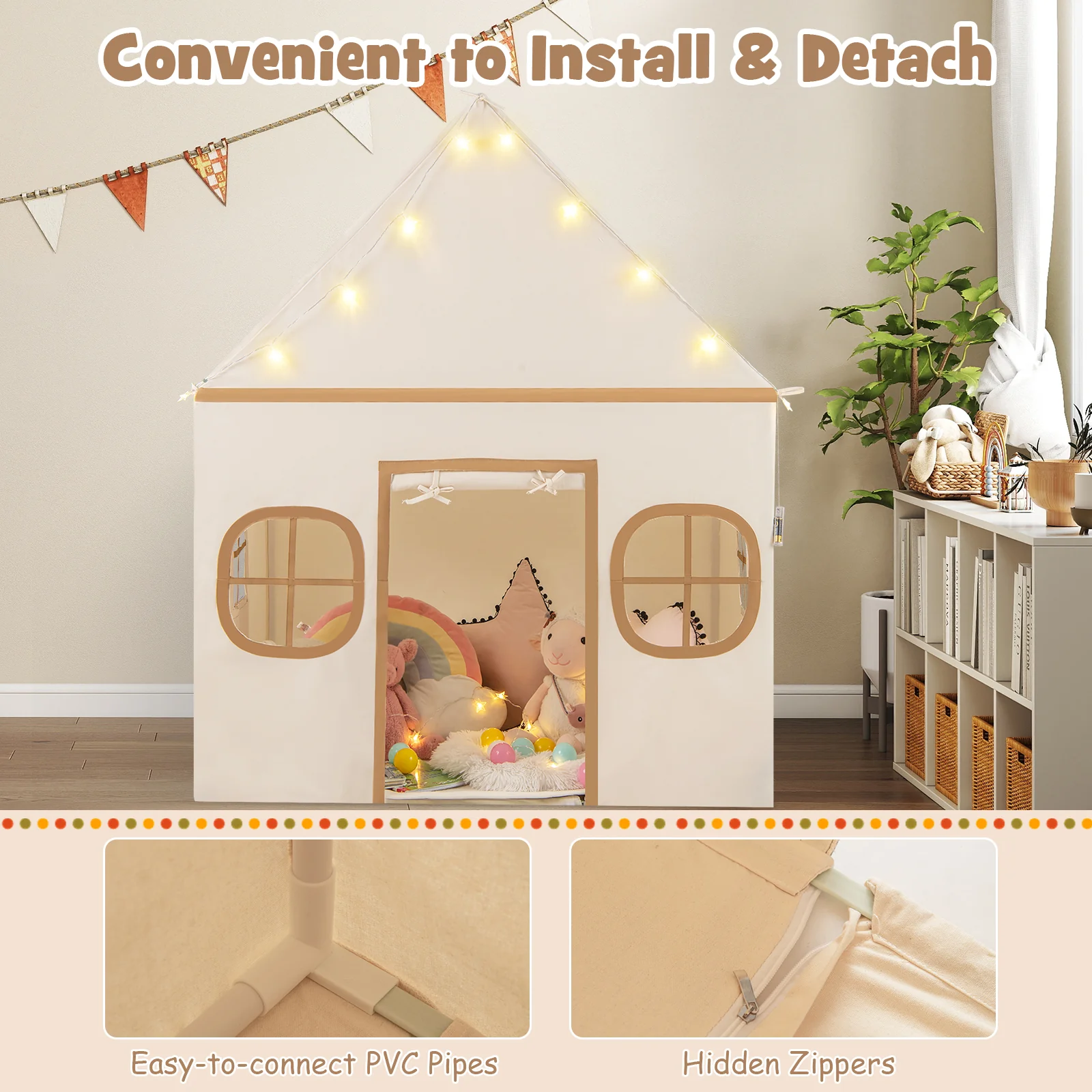 Kids Play Tent Large Playhouse with Door Curtain and Windows Star Lights - Image 7