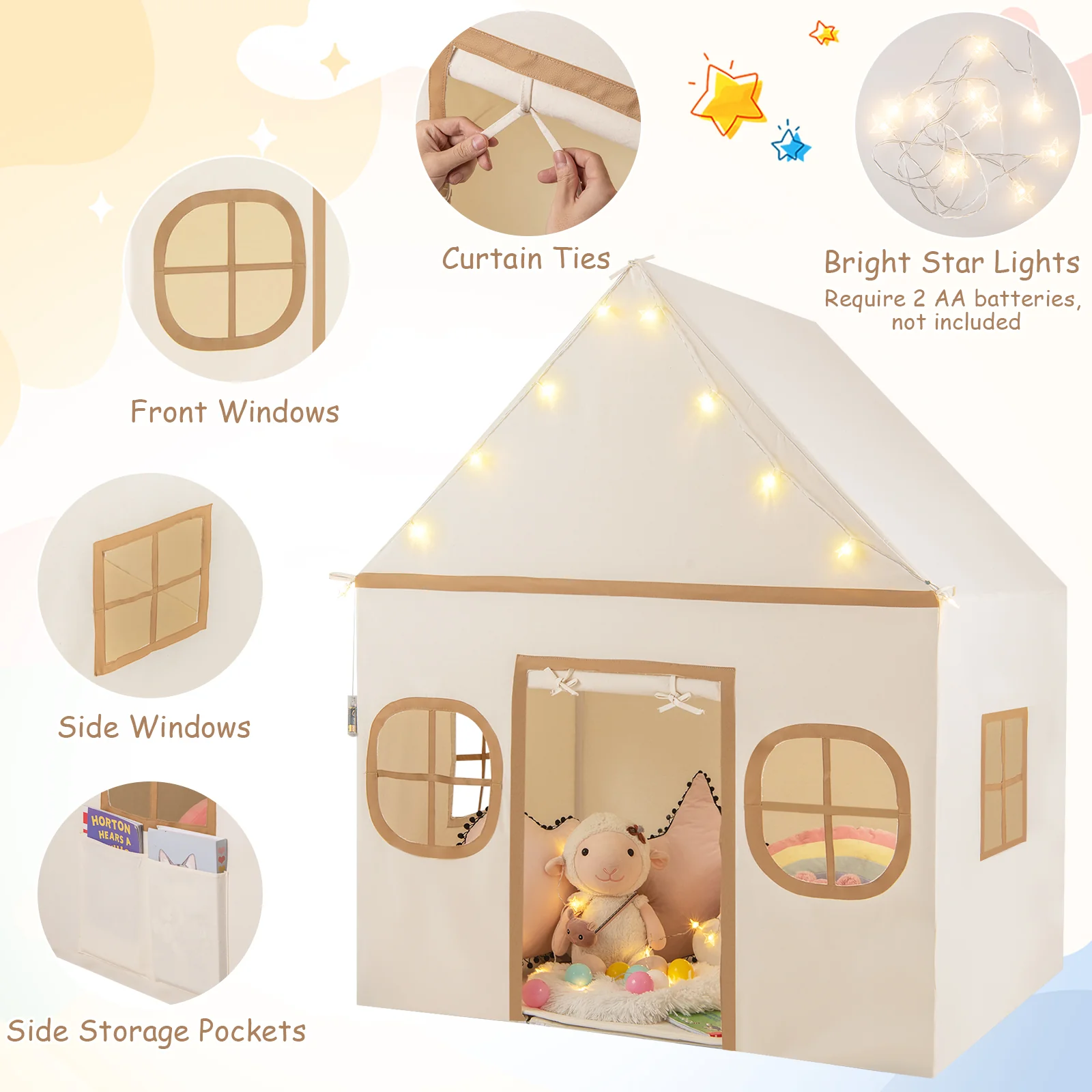 Kids Play Tent Large Playhouse with Door Curtain and Windows Star Lights - Image 8