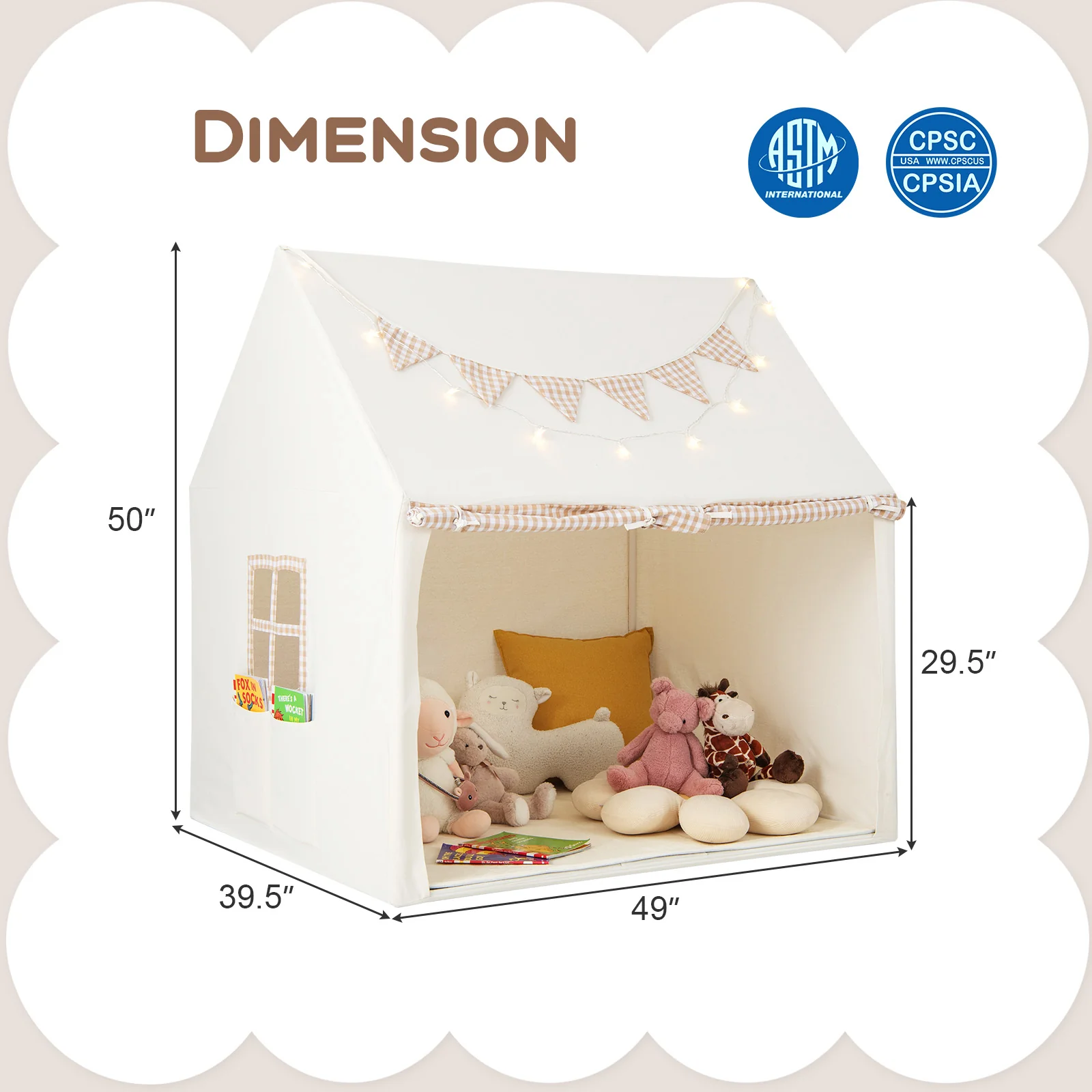 Kids Play Tent Large Playhouse with Padded Mat and 2 Breathable Windows-Beige - Image 5