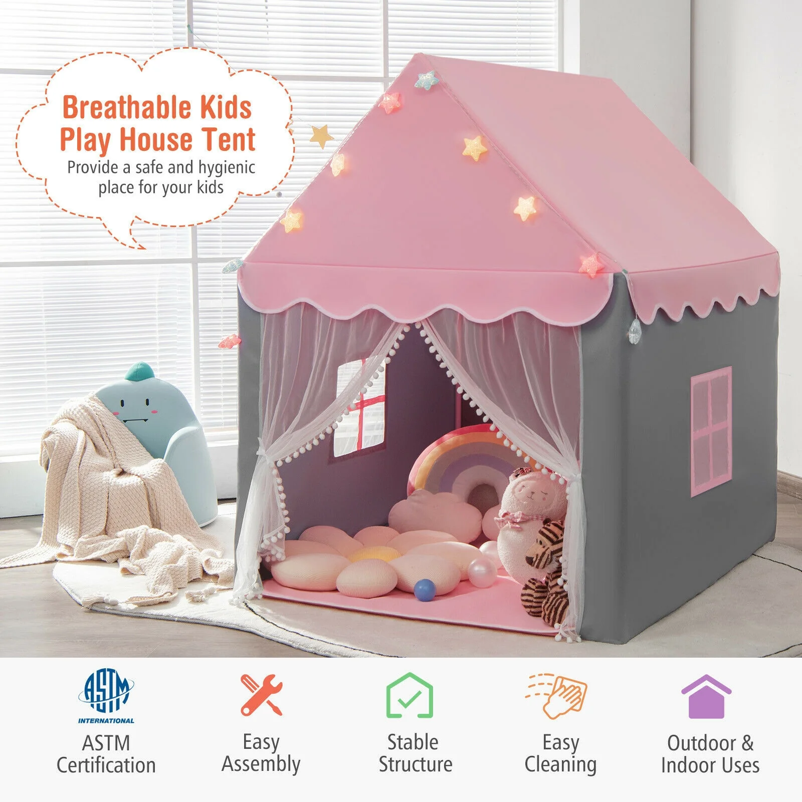 Kids Playhouse Tent with Colorful Star Lights and Mat - Image 14