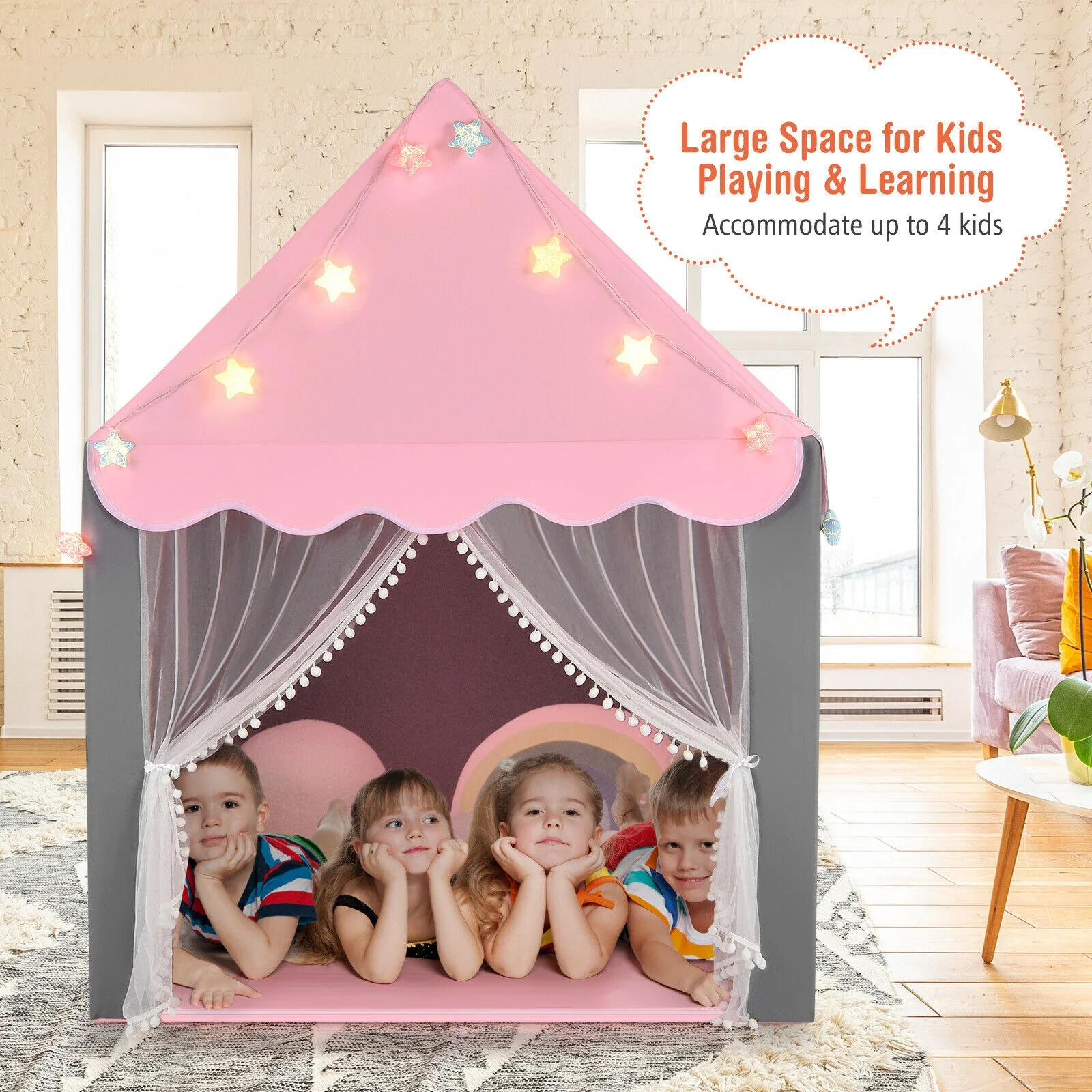 Kids Playhouse Tent with Colorful Star Lights and Mat - Image 16