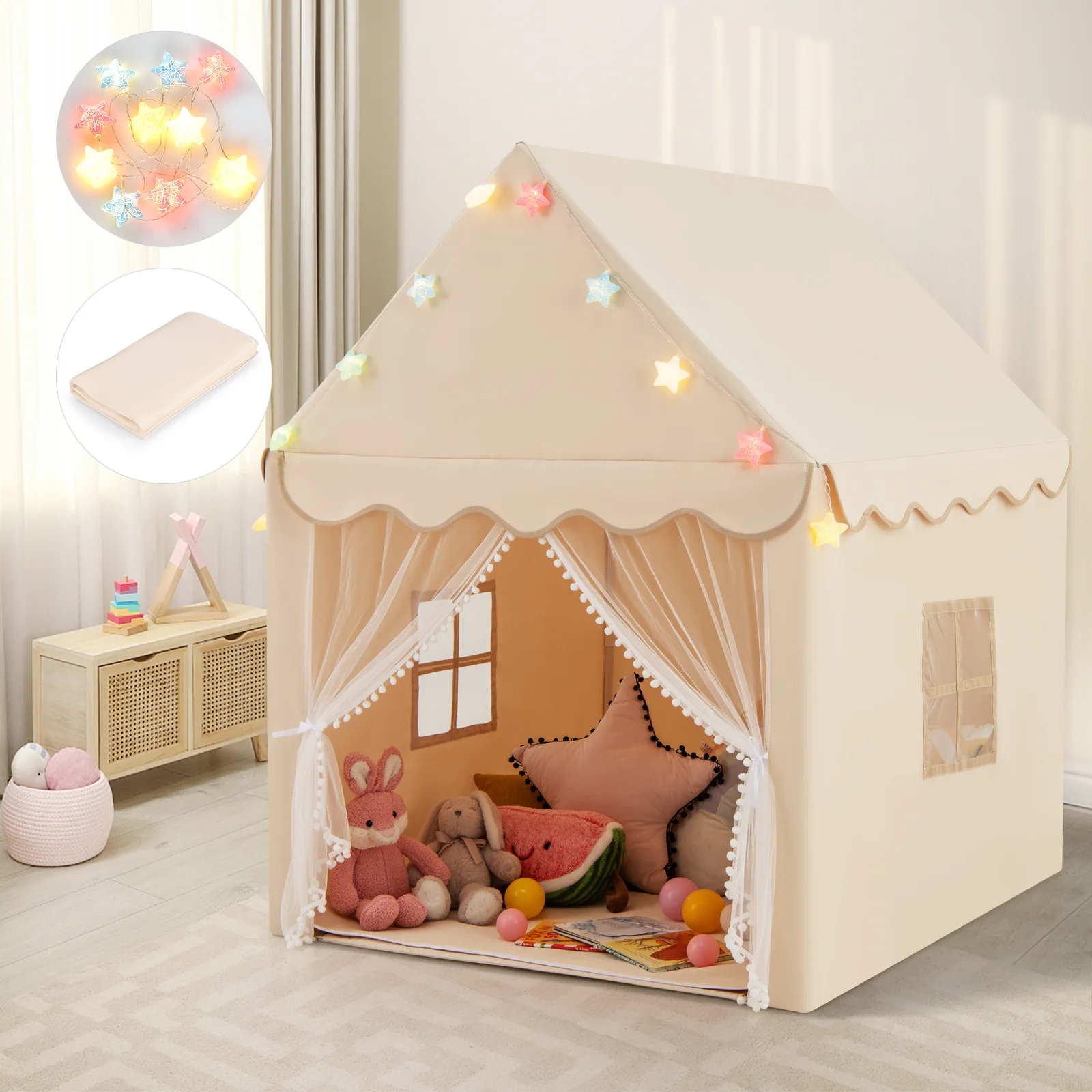 Kids Playhouse Tent with Colorful Star Lights and Mat - Image 17