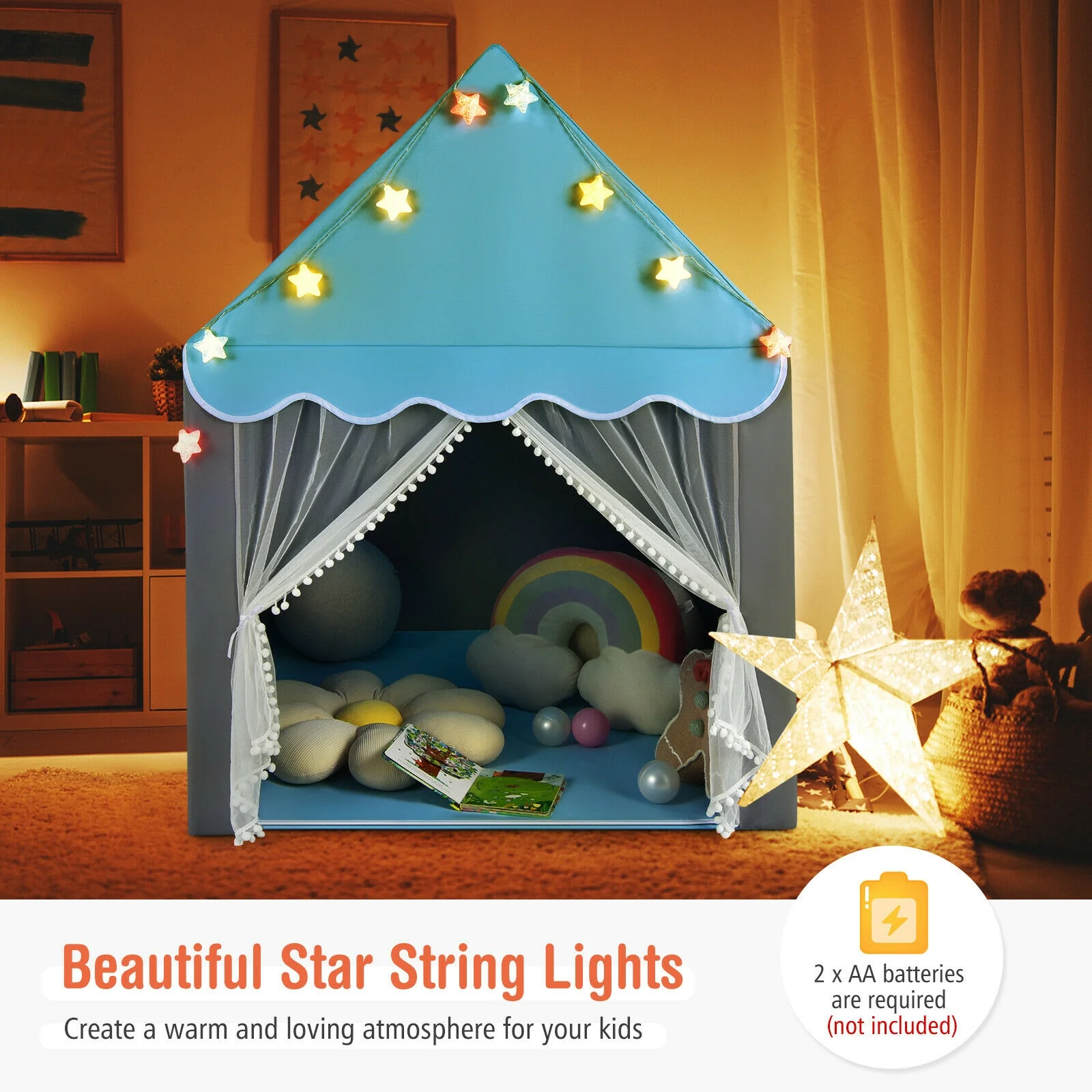 Kids Playhouse Tent with Colorful Star Lights and Mat - Image 2
