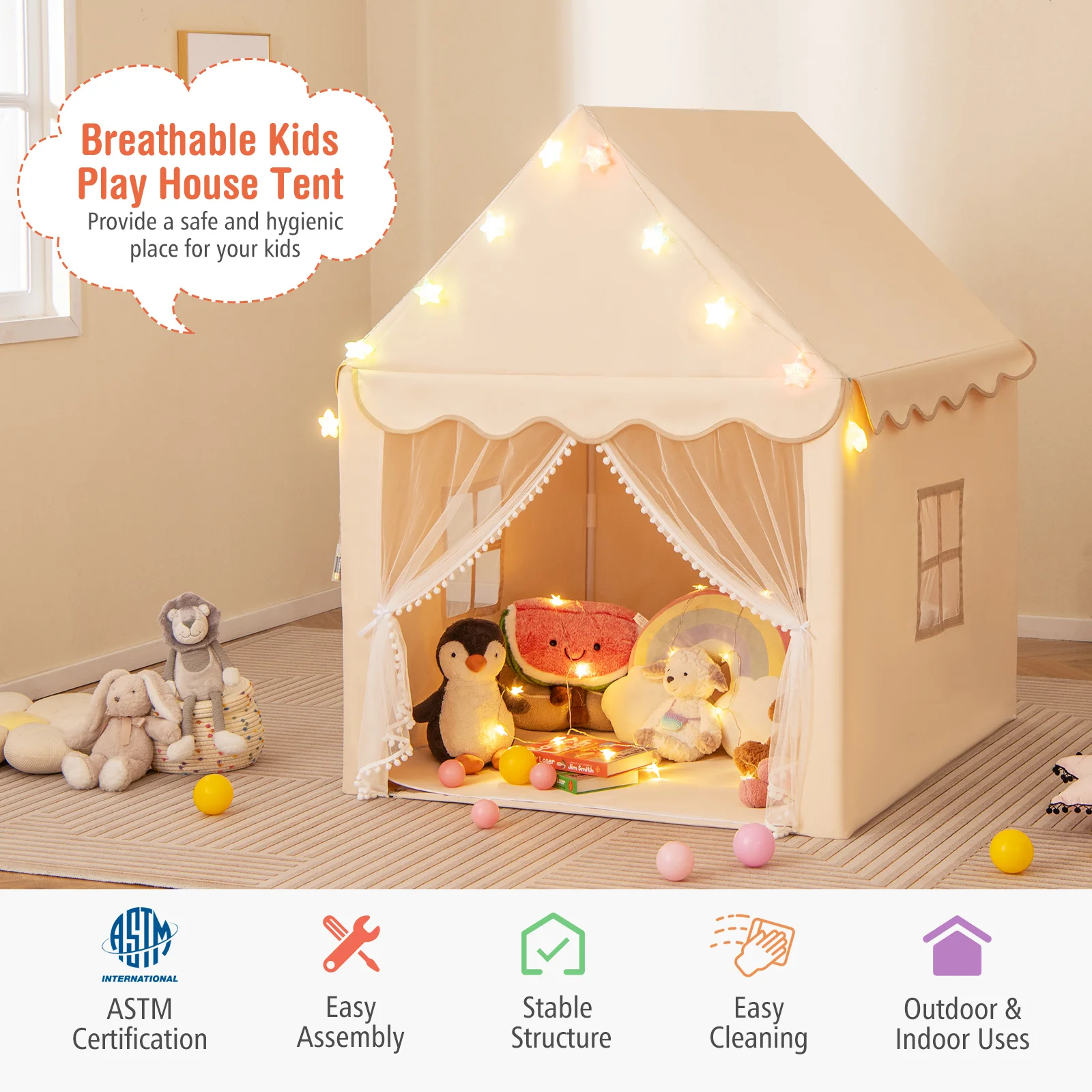 Kids Playhouse Tent with Colorful Star Lights and Mat - Image 22