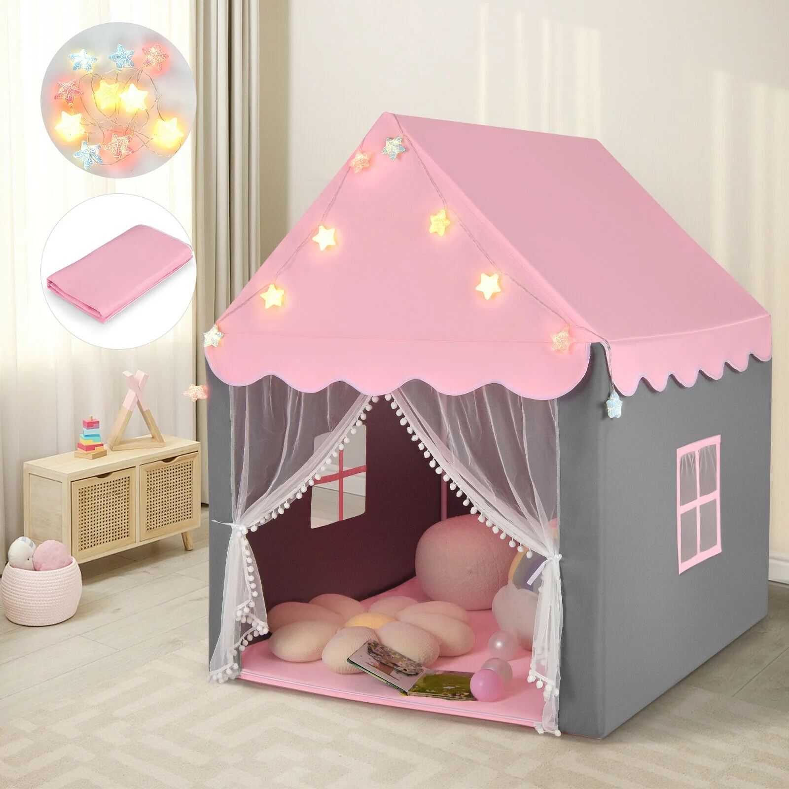 Kids Playhouse Tent with Colorful Star Lights and Mat - Image 9
