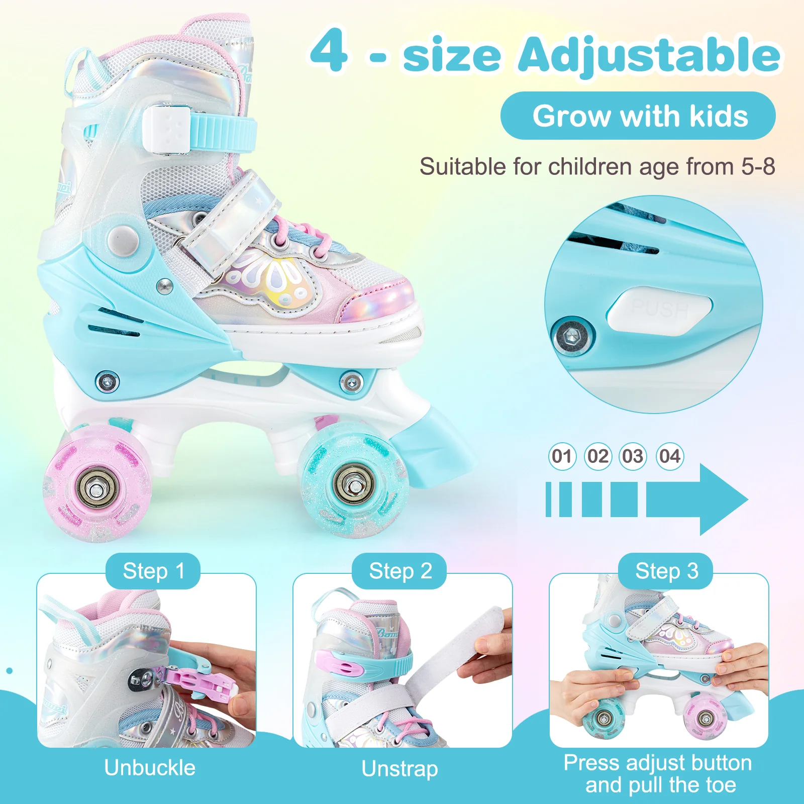 Kids Roller Skates 4 Sizes Adjustable Quad Skates with Light-up Wheels and Safety Protection - Image 15