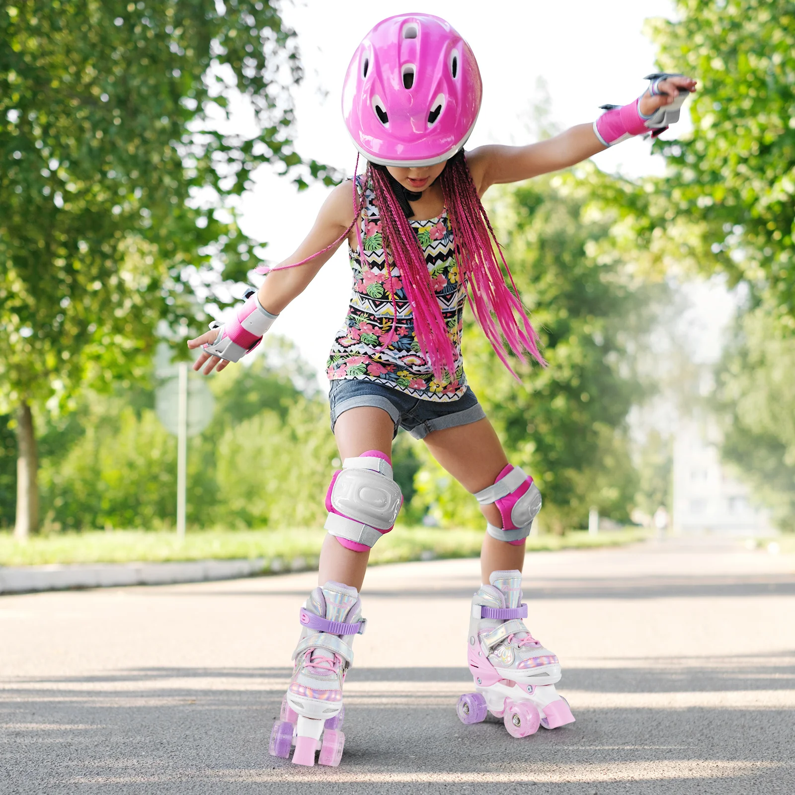 Kids Roller Skates 4 Sizes Adjustable Quad Skates with Light-up Wheels and Safety Protection - Image 17