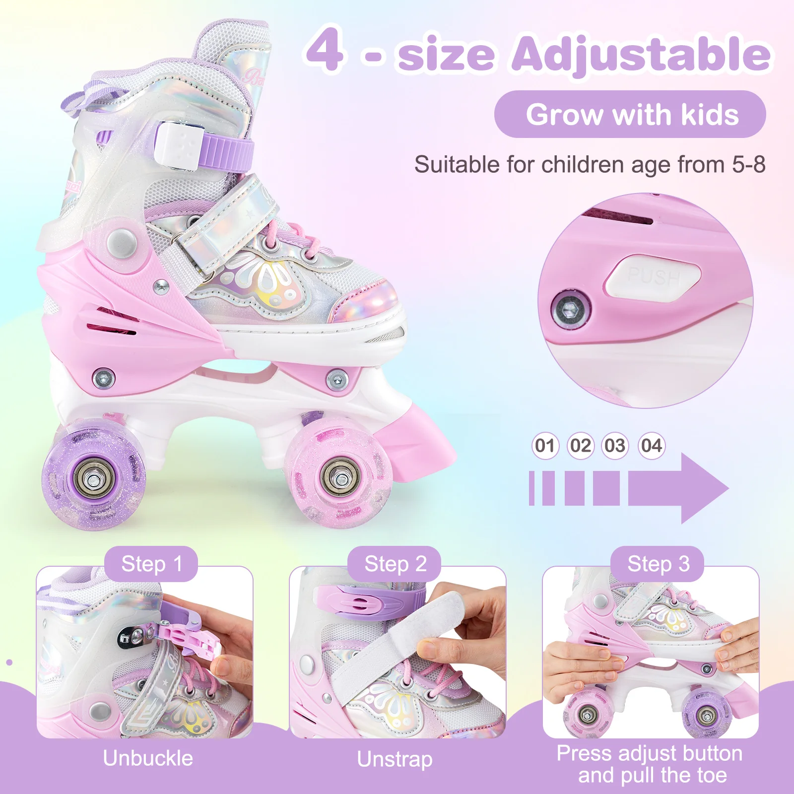 Kids Roller Skates 4 Sizes Adjustable Quad Skates with Light-up Wheels and Safety Protection - Image 23