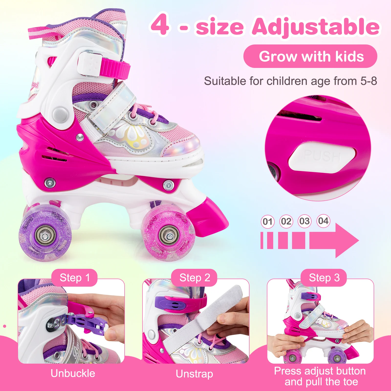 Kids Roller Skates 4 Sizes Adjustable Quad Skates with Light-up Wheels and Safety Protection - Image 7