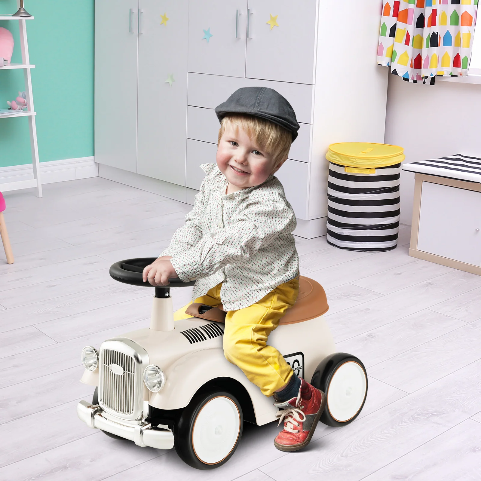 Kids Sit to Stand Vehicle with Working Steering Wheel and Under Seat Storage
