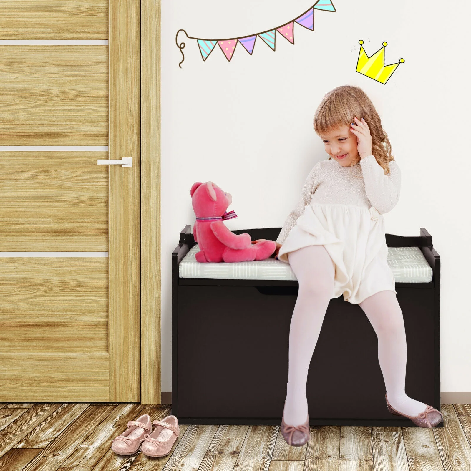 Kids Toy Wooden Flip-top Storage Box Chest Bench with Cushion Hinge - Image 10