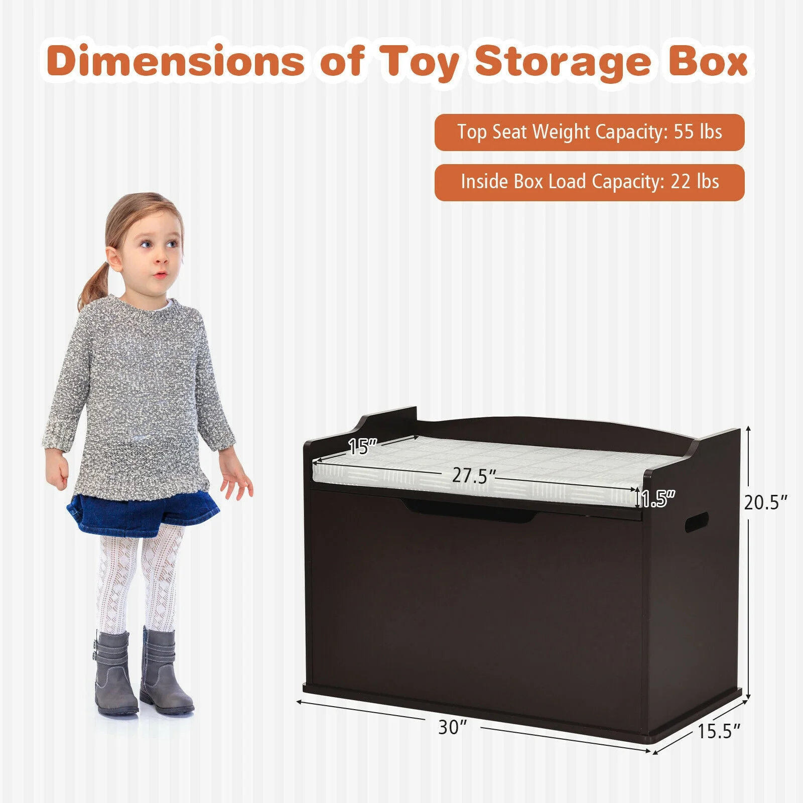 Kids Toy Wooden Flip-top Storage Box Chest Bench with Cushion Hinge - Image 13