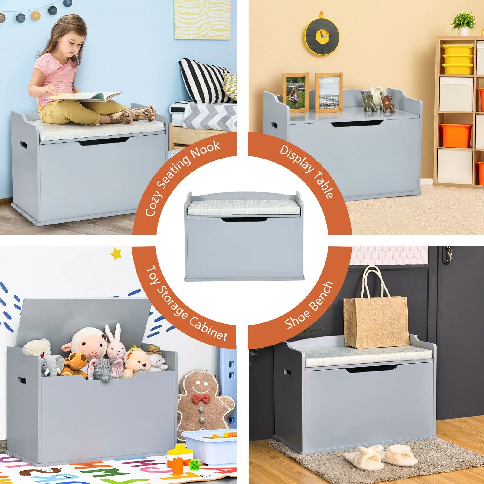 Kids Toy Wooden Flip-top Storage Box Chest Bench with Cushion Hinge - Image 19