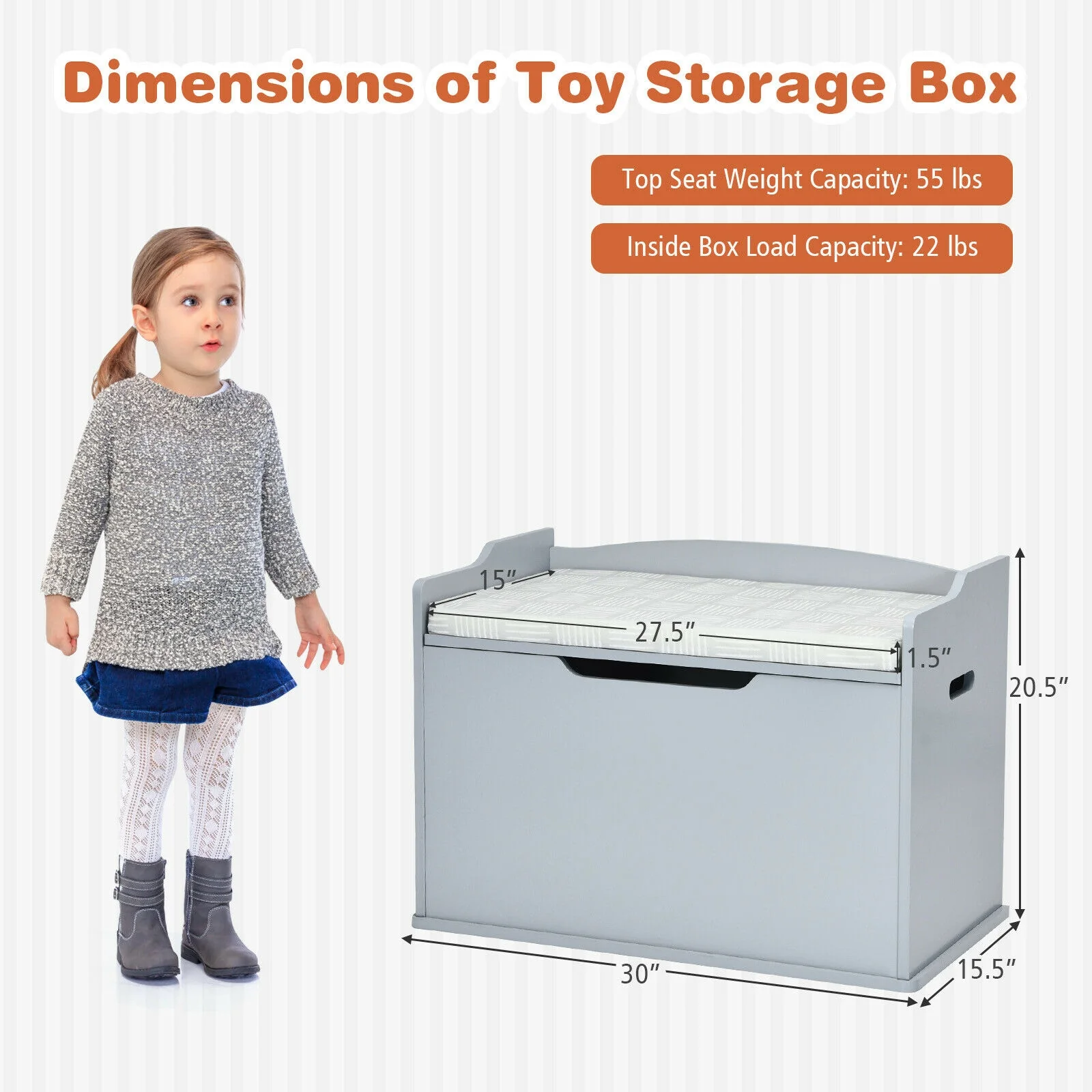Kids Toy Wooden Flip-top Storage Box Chest Bench with Cushion Hinge - Image 20