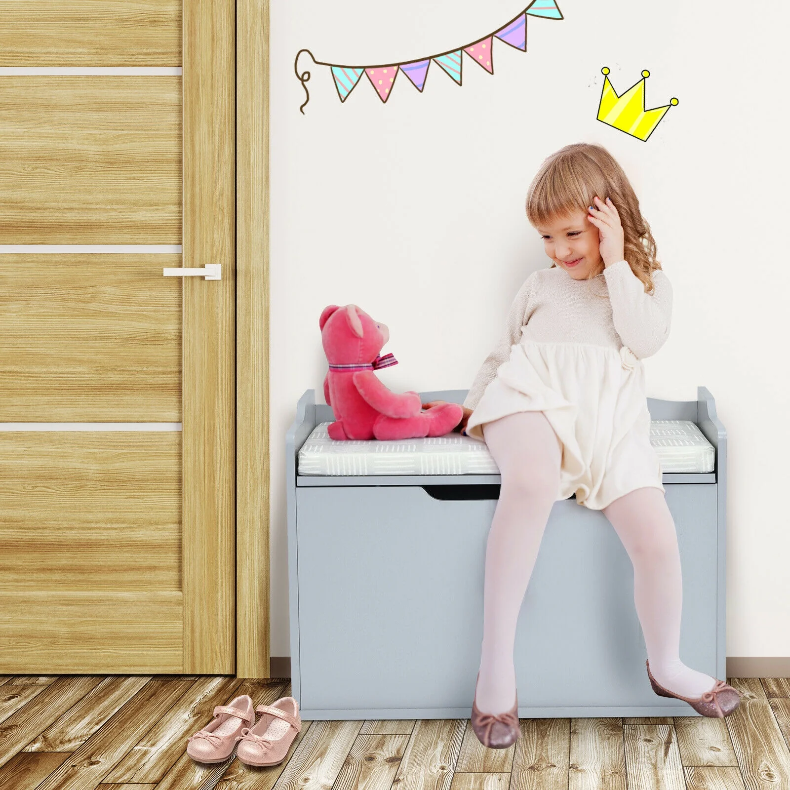 Kids Toy Wooden Flip-top Storage Box Chest Bench with Cushion Hinge - Image 22