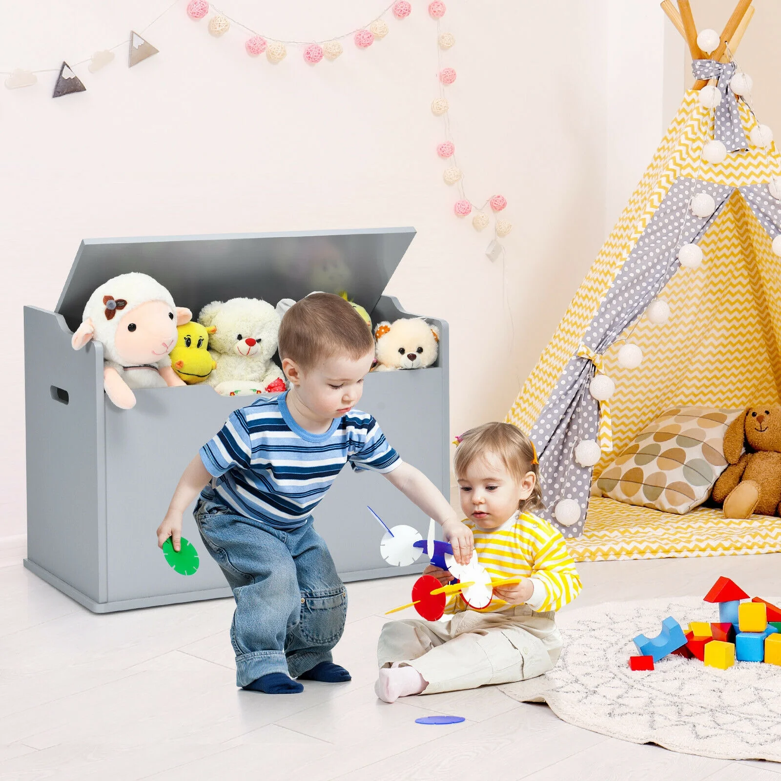 Kids Toy Wooden Flip-top Storage Box Chest Bench with Cushion Hinge - Image 24