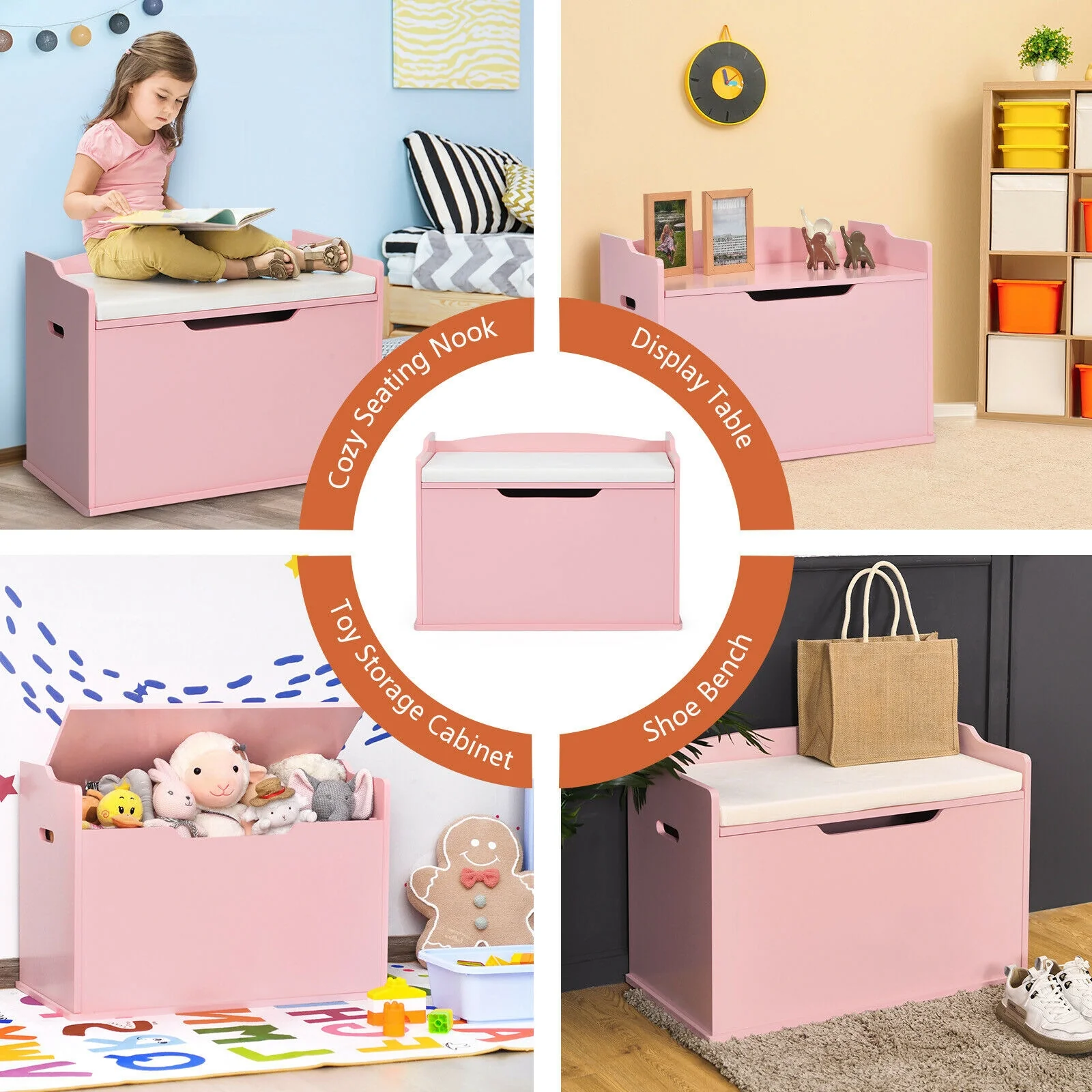 Kids Toy Wooden Flip-top Storage Box Chest Bench with Cushion Hinge - Image 27