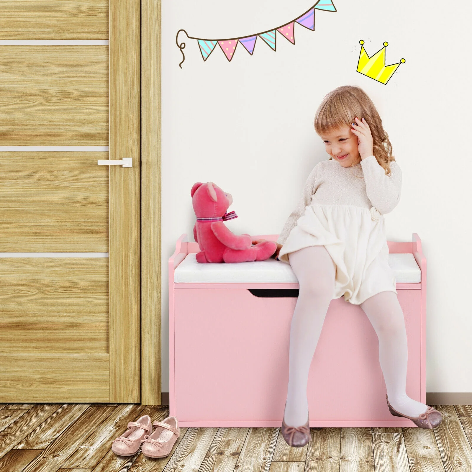 Kids Toy Wooden Flip-top Storage Box Chest Bench with Cushion Hinge - Image 31