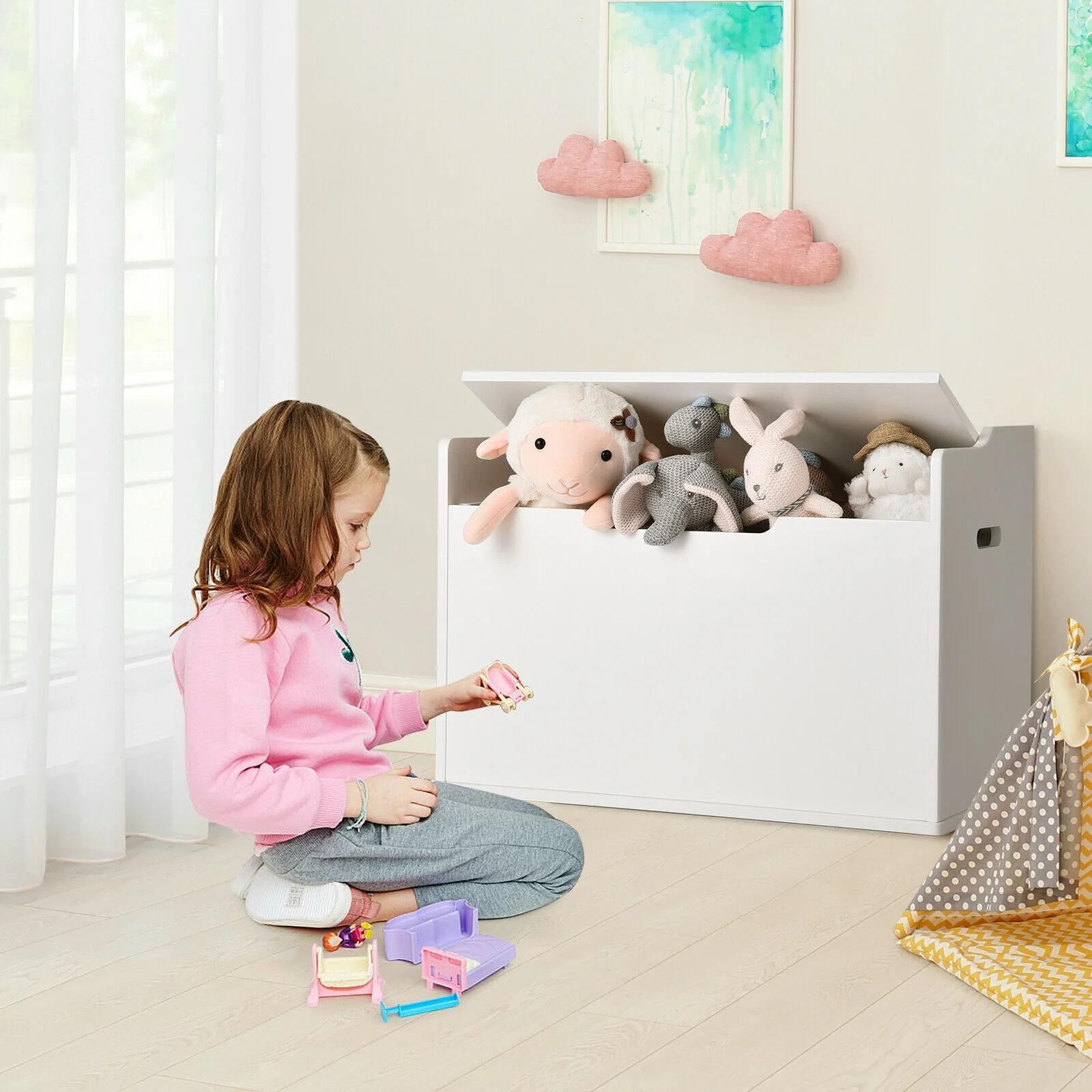 Kids Toy Wooden Flip-top Storage Box Chest Bench with Cushion Hinge - Image 33