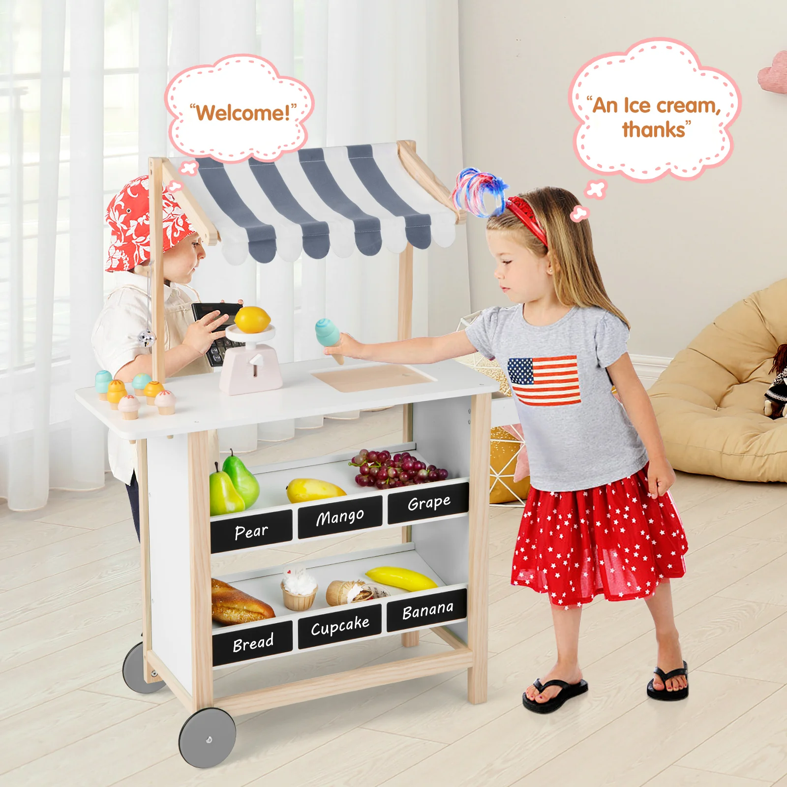Kids Wooden Ice Cream Cart with Chalkboard and Storage - Image 10