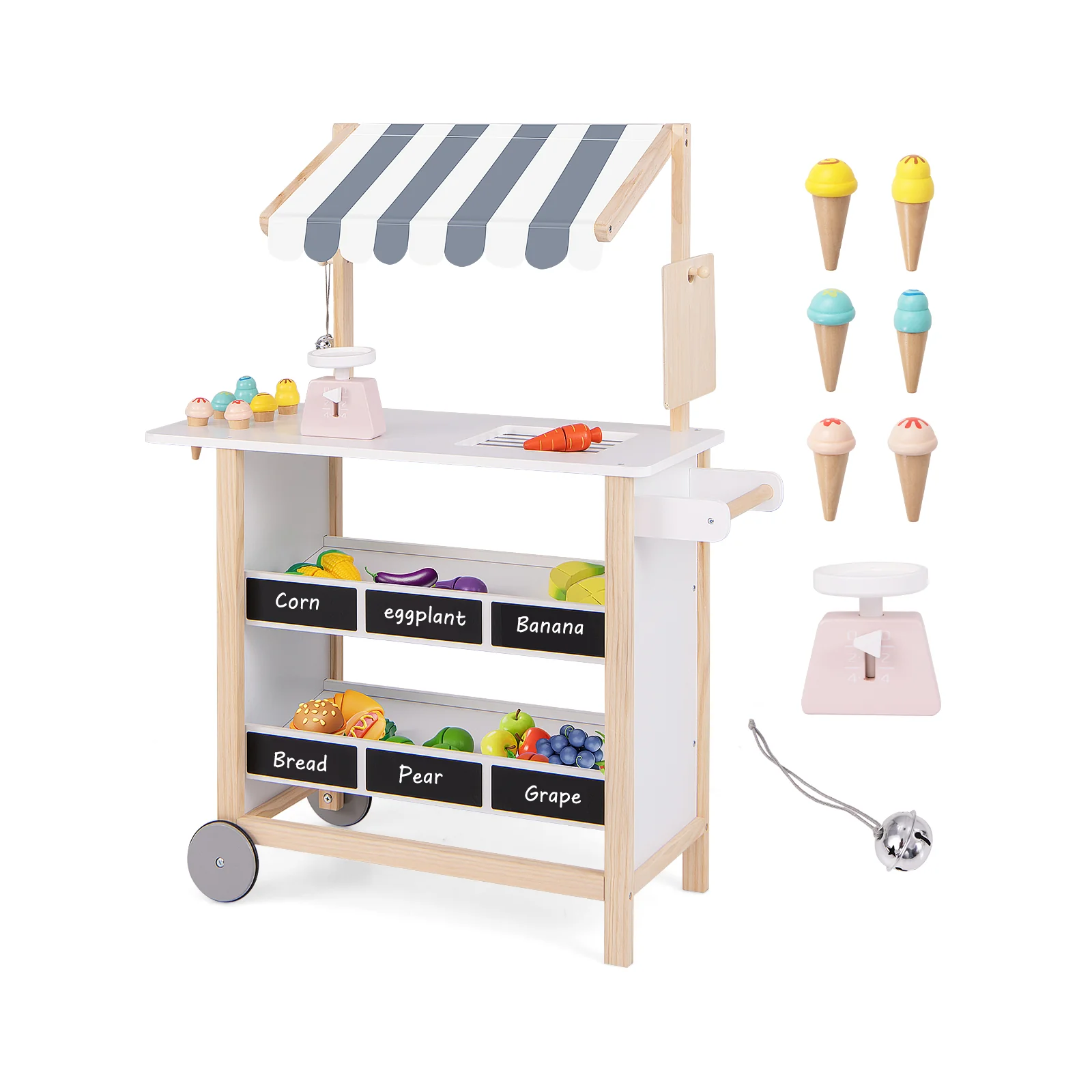 Kids Wooden Ice Cream Cart with Chalkboard and Storage - Image 11