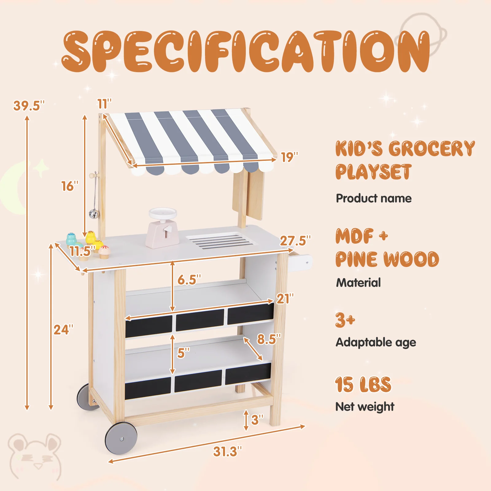 Kids Wooden Ice Cream Cart with Chalkboard and Storage - Image 13