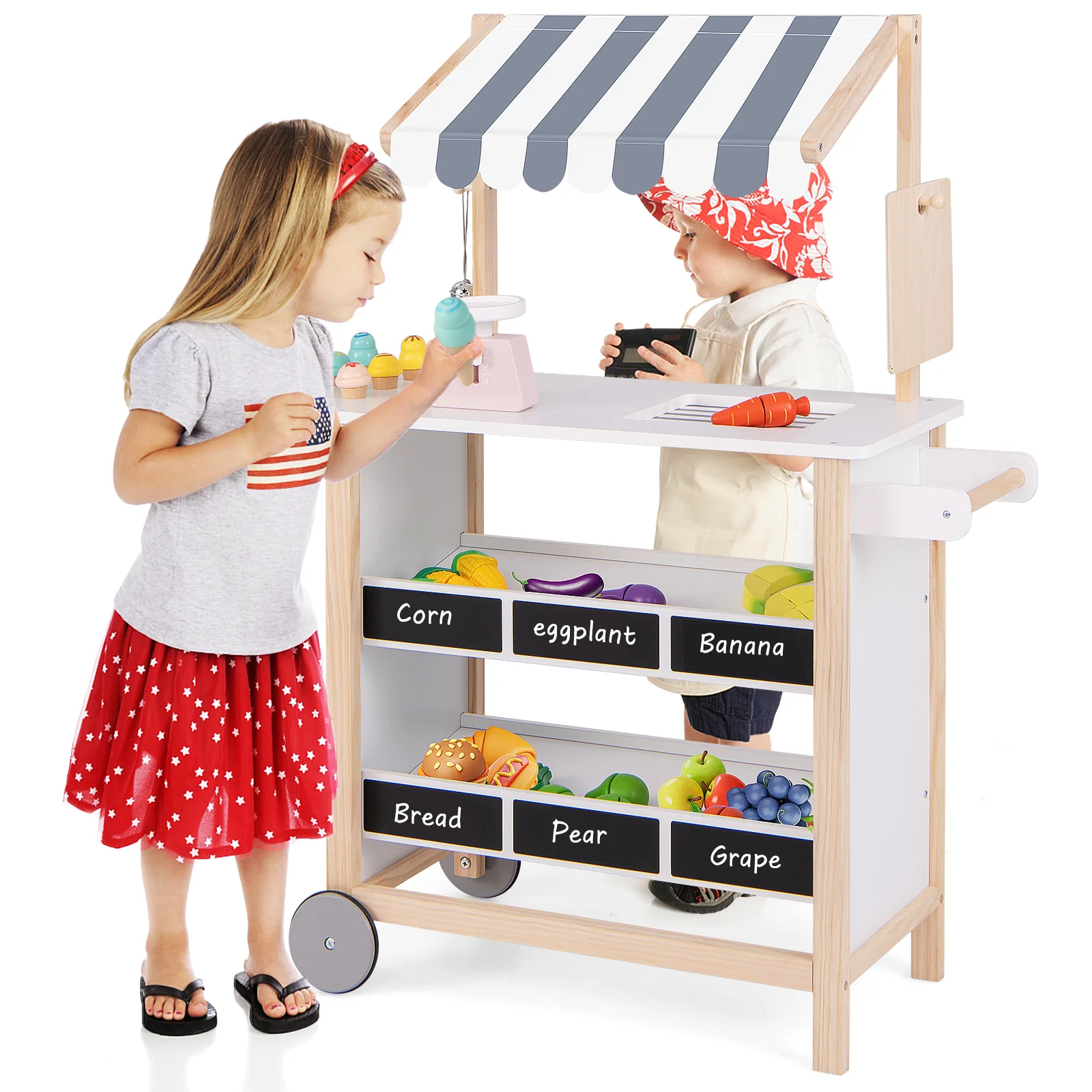 Kids Wooden Ice Cream Cart with Chalkboard and Storage - Image 14