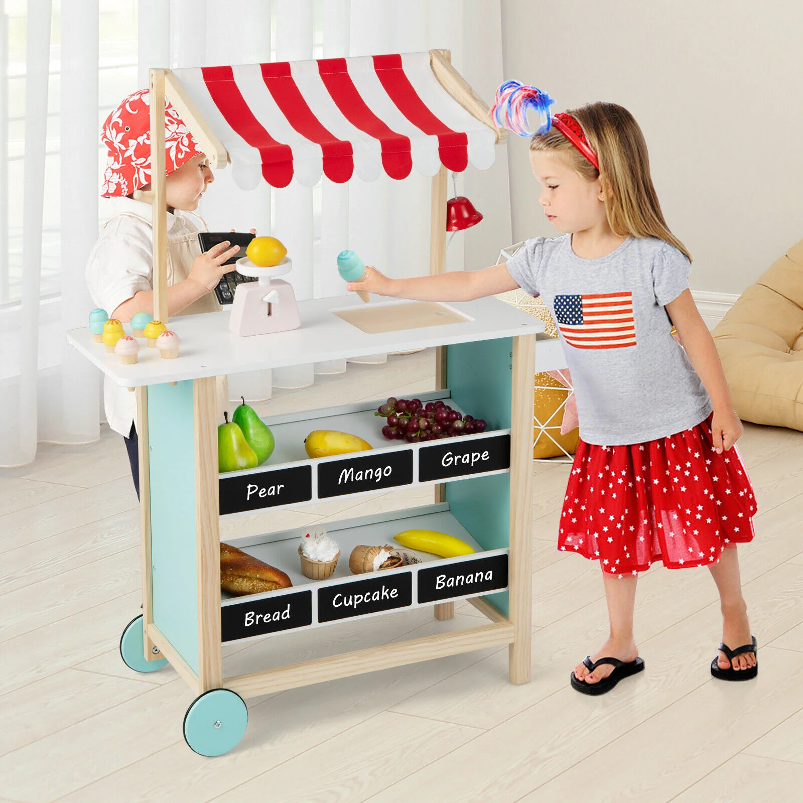 Kids Wooden Ice Cream Cart with Chalkboard and Storage - Image 2