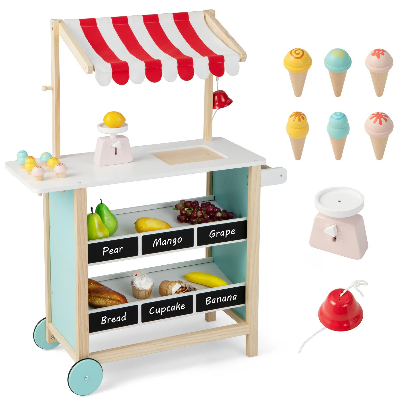 Kids Wooden Ice Cream Cart with Chalkboard and Storage - Image 4