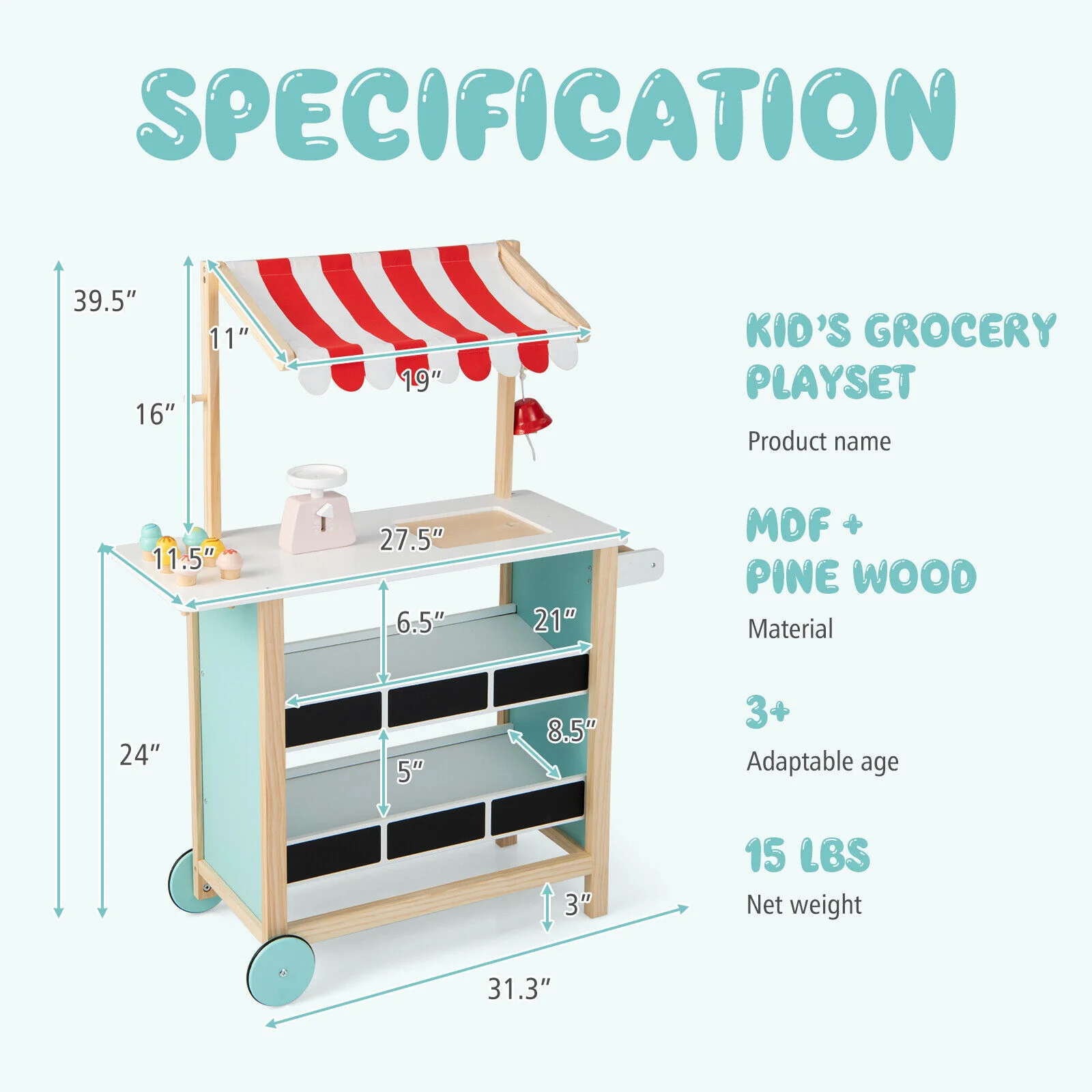 Kids Wooden Ice Cream Cart with Chalkboard and Storage - Image 5