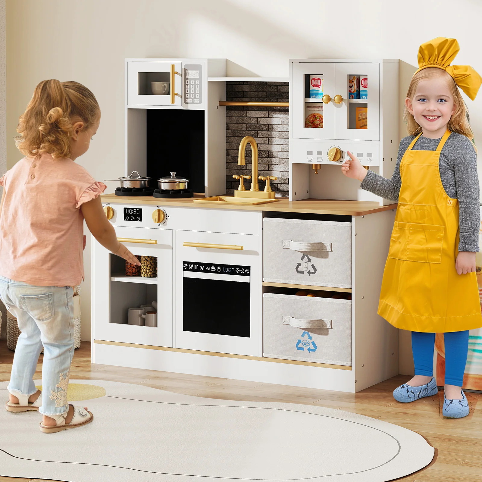 Kids Wooden Kitchen Playset with Stoves Sound Light for 3+ Years Old-White - Image 2