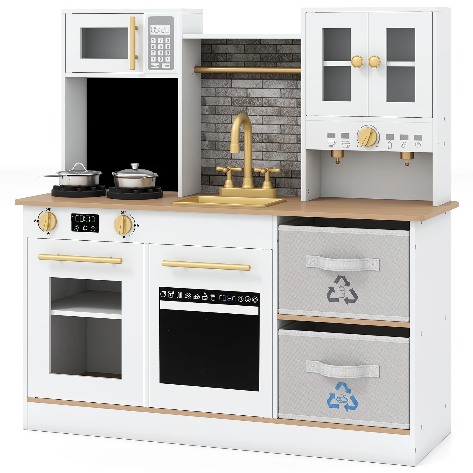 Kids Wooden Kitchen Playset with Stoves Sound Light for 3+ Years Old-White - Image 3