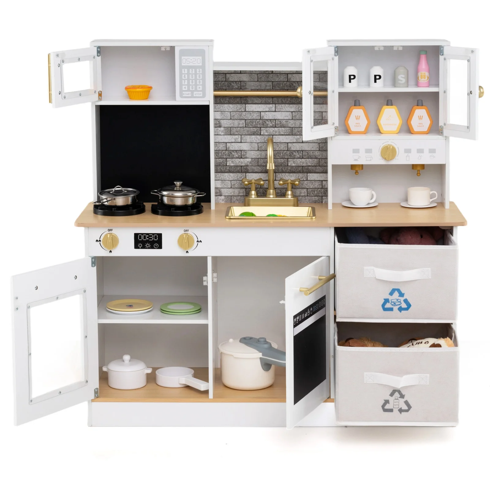 Kids Wooden Kitchen Playset with Stoves Sound Light for 3+ Years Old-White - Image 4