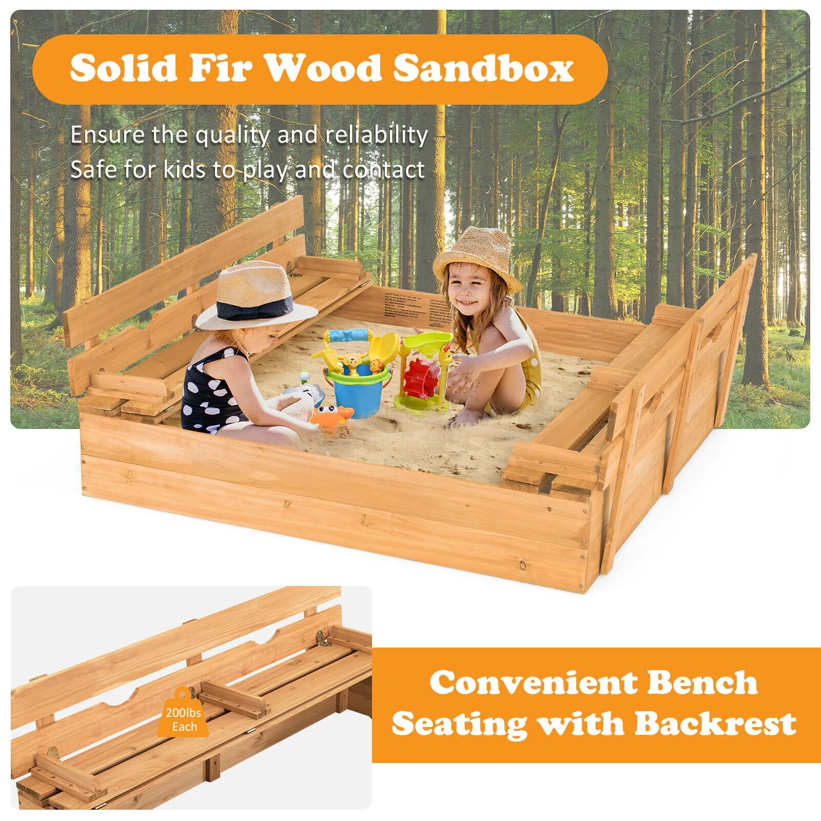 Kids Wooden Sandbox with 2 Foldable Bench Seats - Image 7