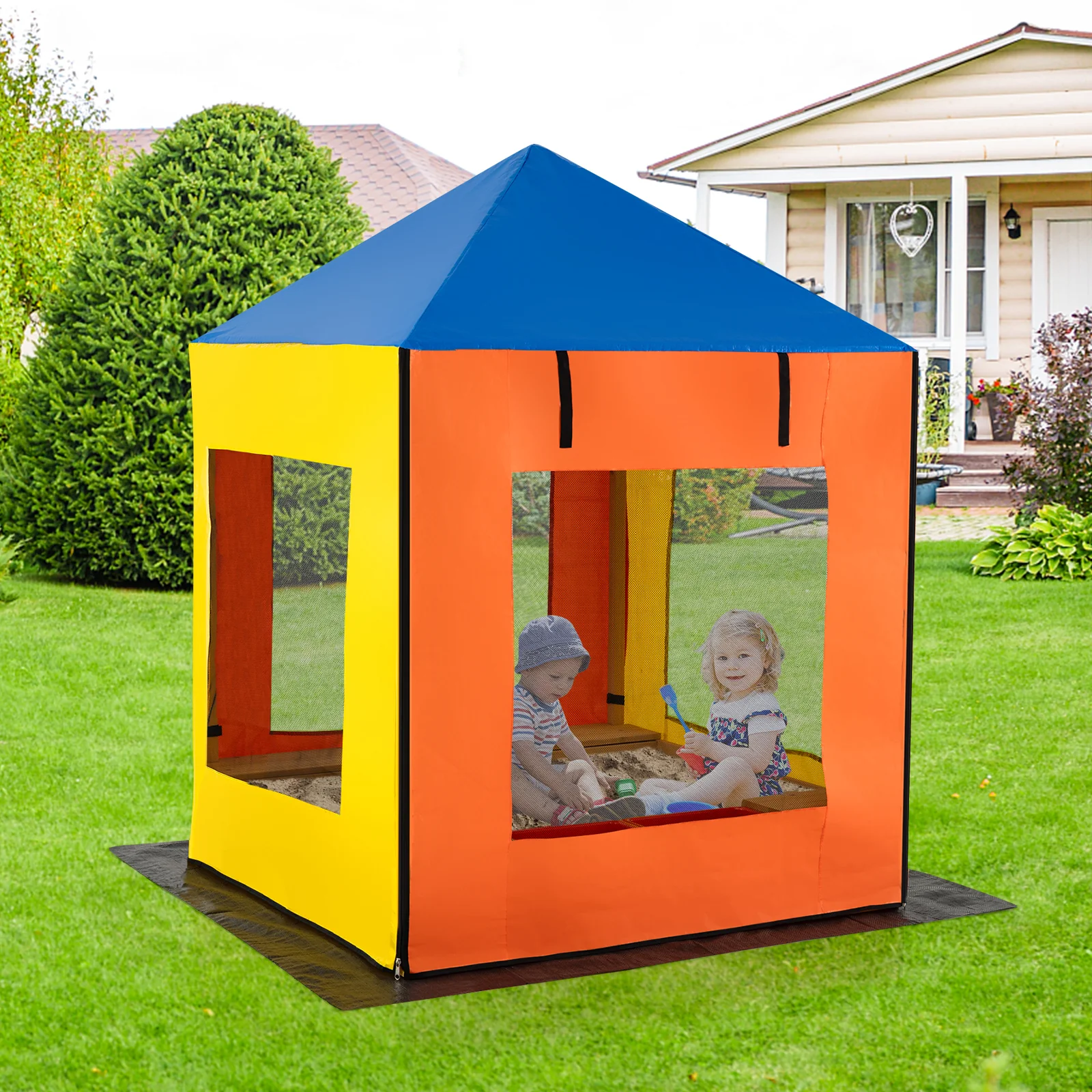 Kids Wooden Sandbox with Canopy Large Sand Pit with Mesh Windows and Bottom Liner-Multicolor - Image 2