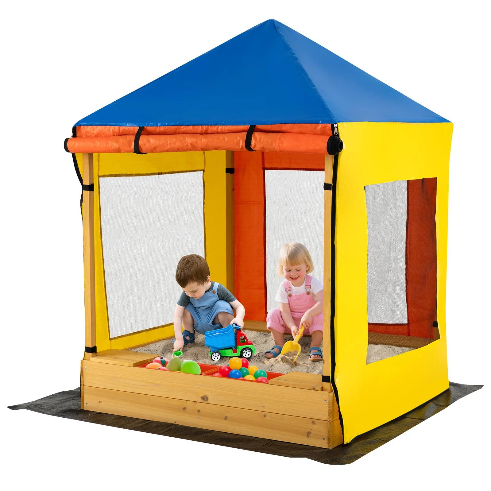 Kids Wooden Sandbox with Canopy Large Sand Pit with Mesh Windows and Bottom Liner-Multicolor - Image 3