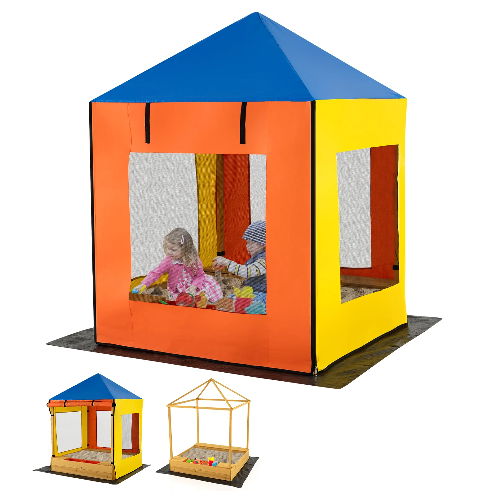 Kids Wooden Sandbox with Canopy Large Sand Pit with Mesh Windows and Bottom Liner-Multicolor - Image 4