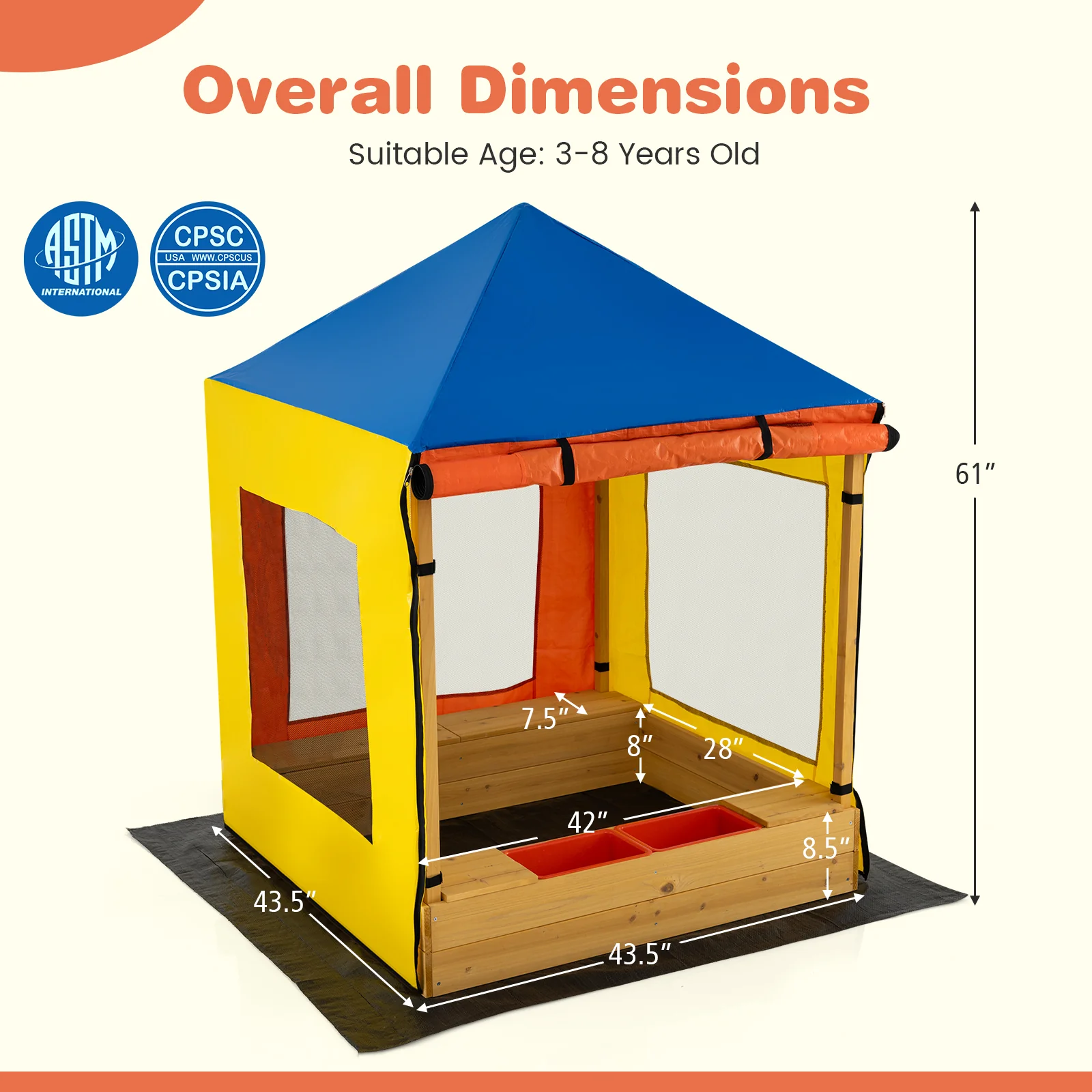 Kids Wooden Sandbox with Canopy Large Sand Pit with Mesh Windows and Bottom Liner-Multicolor - Image 5