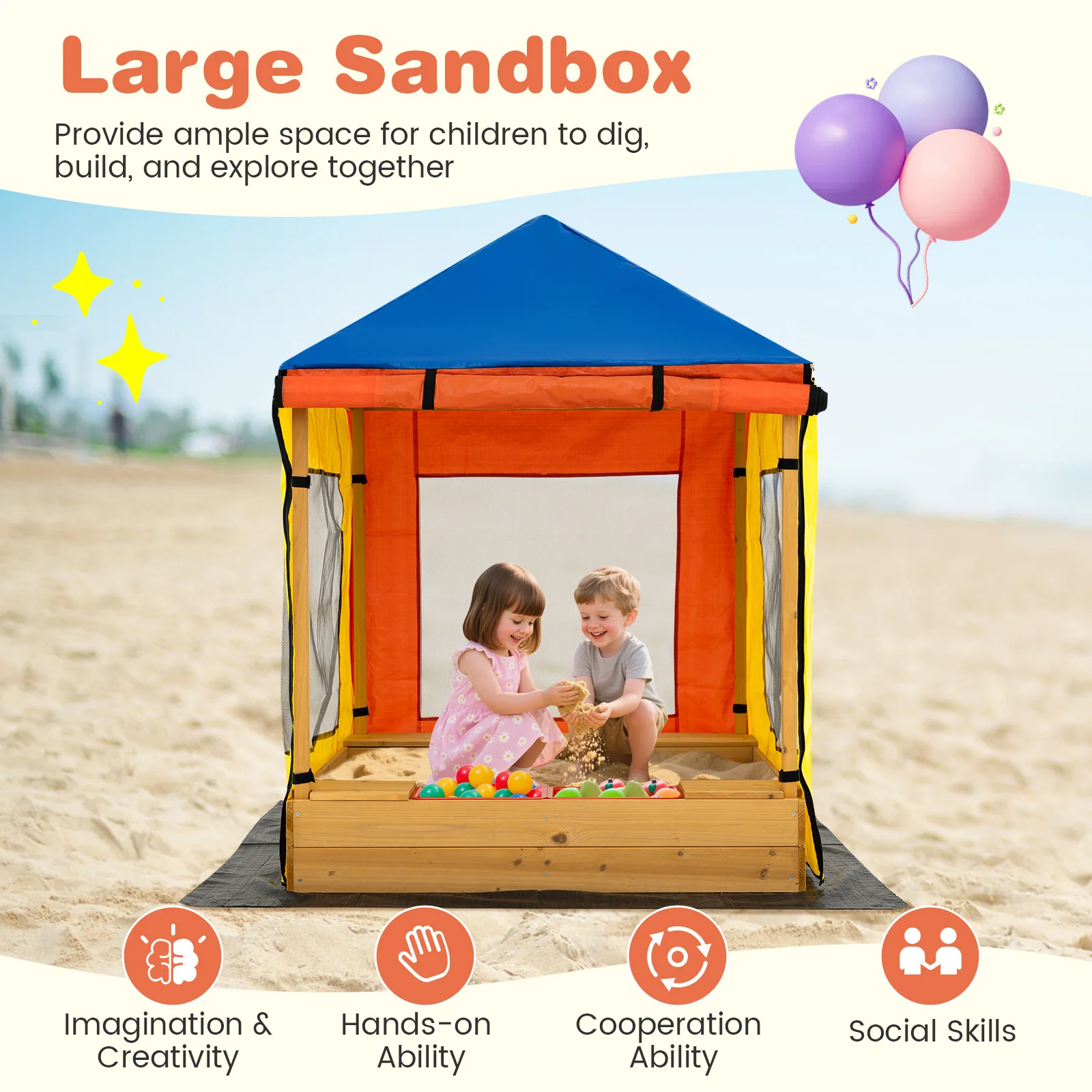 Kids Wooden Sandbox with Canopy Large Sand Pit with Mesh Windows and Bottom Liner-Multicolor - Image 6